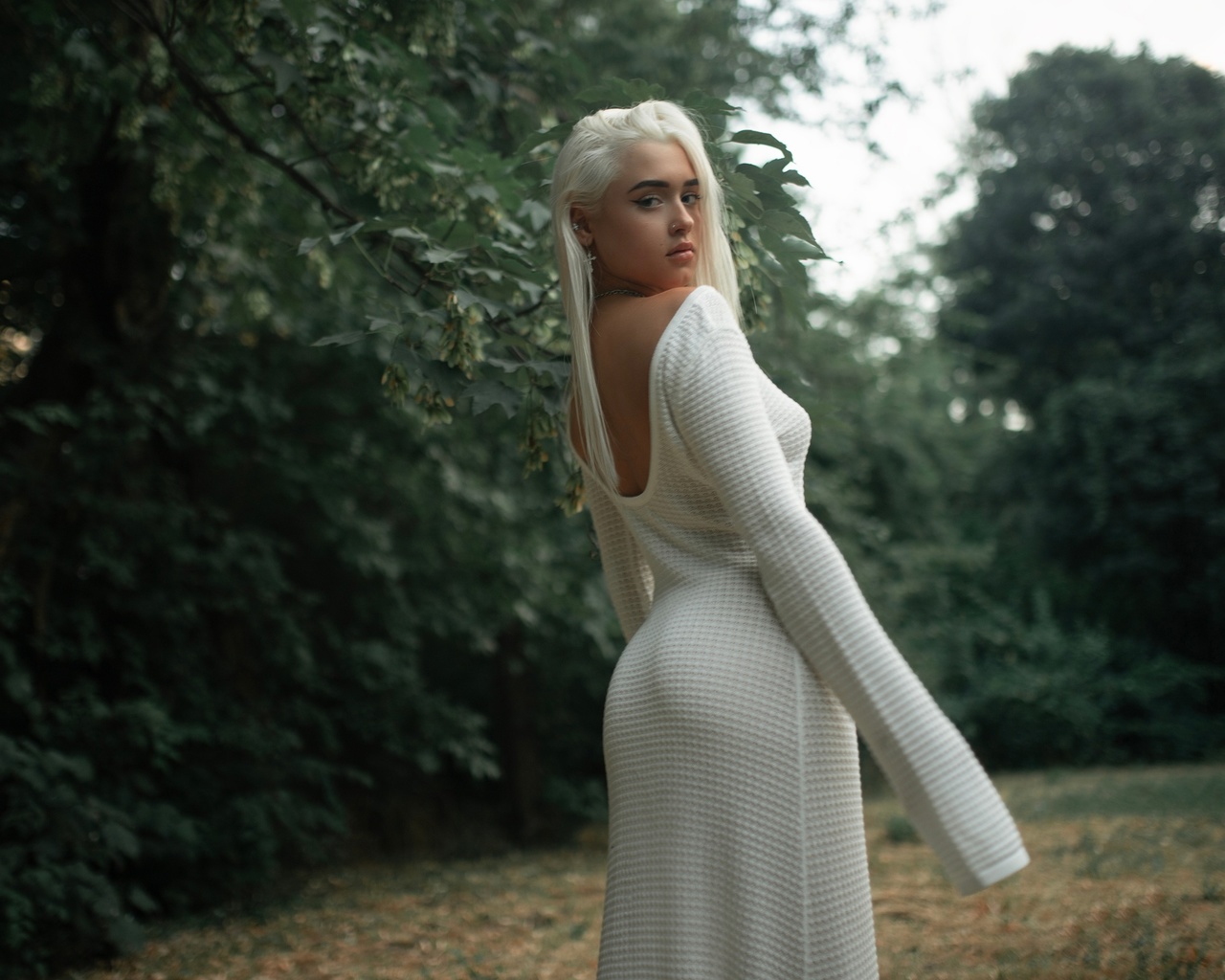 white dress, alexander nesterenko, nature, trees, model, ass, white hair, , , women, sky, rear view, dress