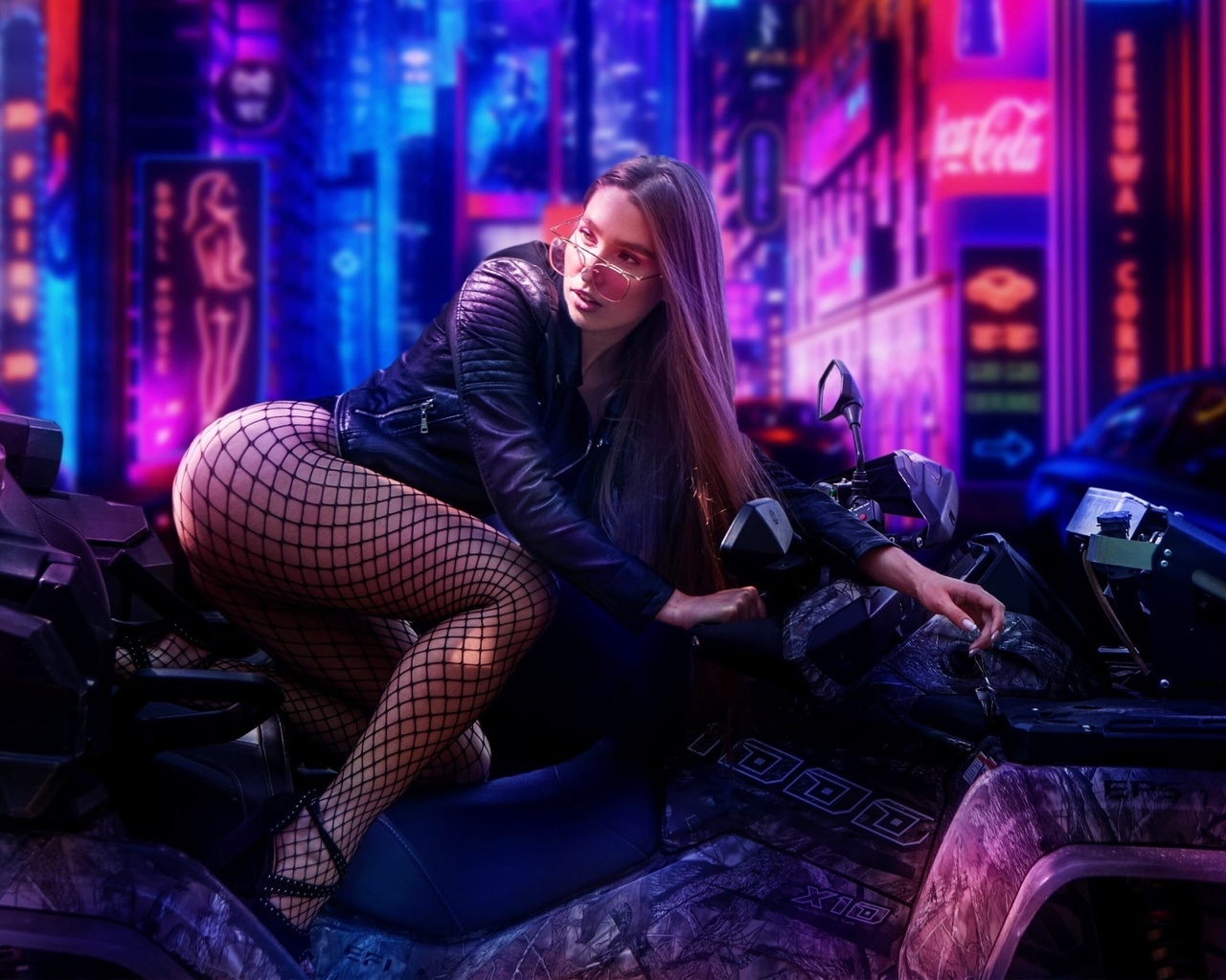 futuristic, brunette, bodysuit, , ass, women outdoors, model, hips, fishnet pantyhose, women, legs, leather jacket, women with glasses