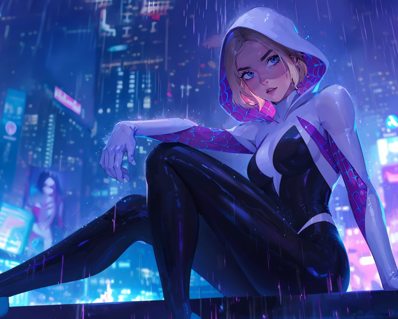 spider gwen, gwen stacy, bodysuit, blonde, rain, city, night, blue eyes, spider-man, spider-man: into the spider-verse, digital art