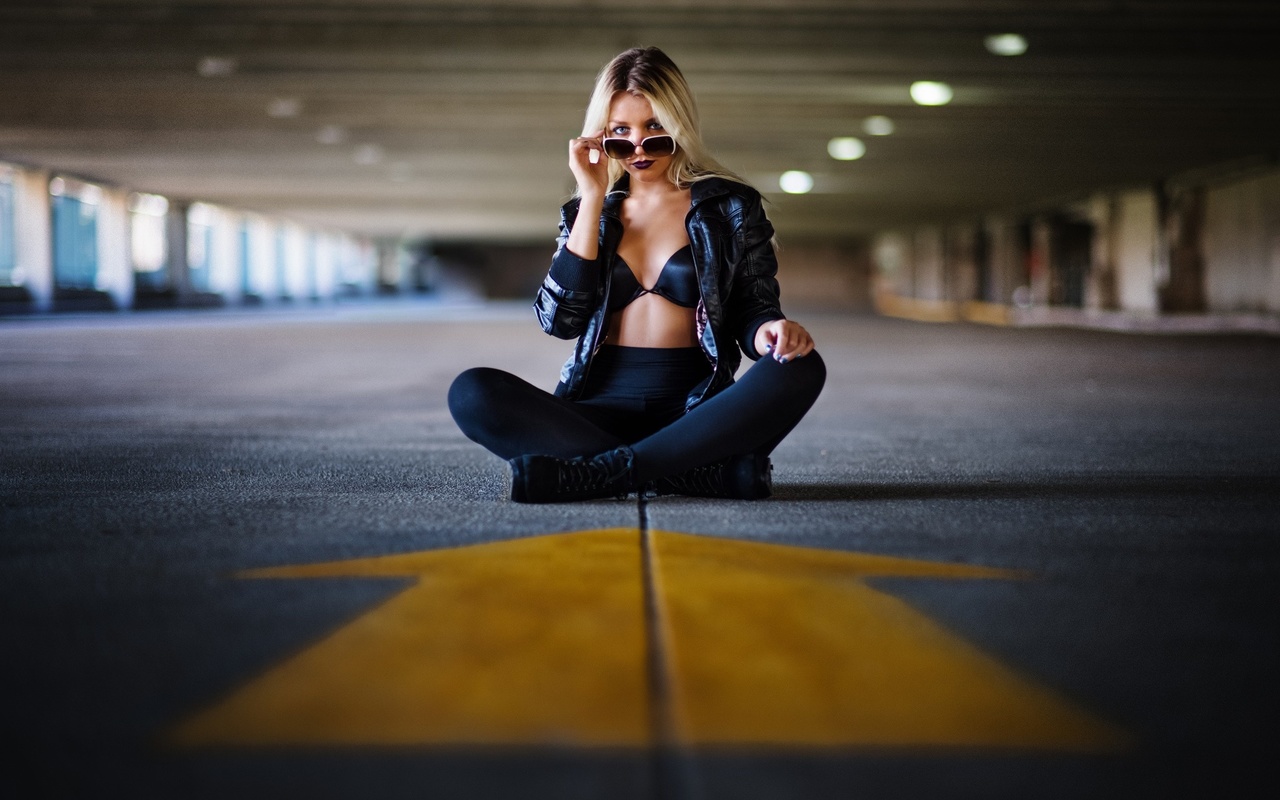 blonde, sitting, bra, jacket, leggings, beauty, sunglasses, pose