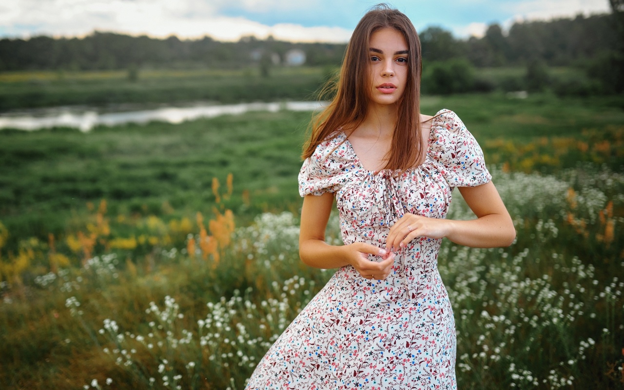 sergey bogatkov, summer dress, field, , brunette, nature, , model, clouds, sky, women, flowers