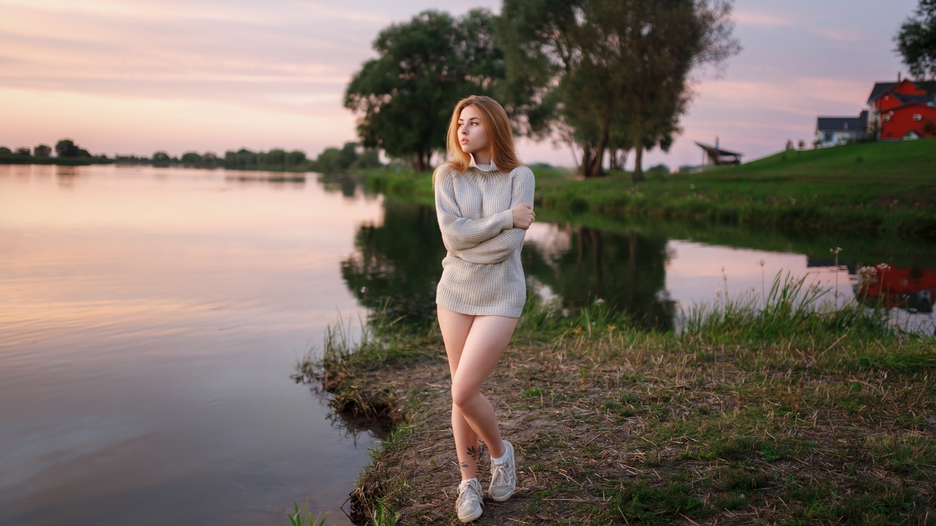 lake, , blonde, nature, women outdoors, model, grass, trees, sky, , clouds, women, tattoo, sneakers, water, legs