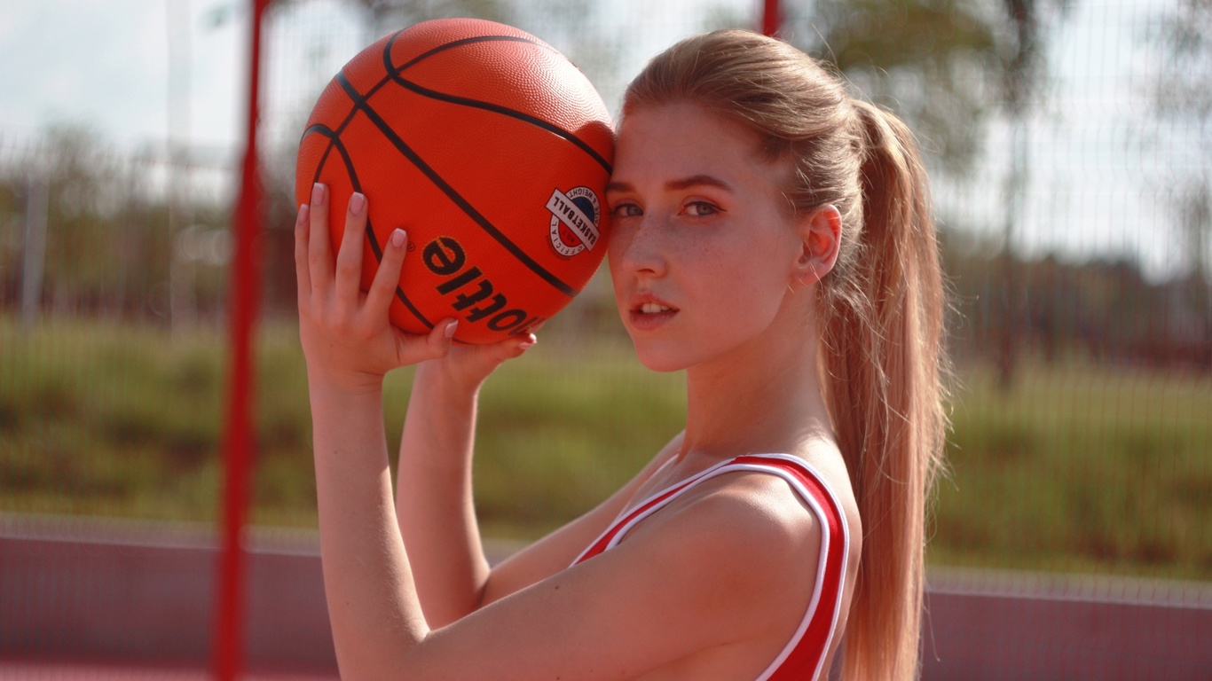 basketball, blonde, looking at viewer, , ponytail, model, women outdoors, sky, freckles, ball, sport, long hair