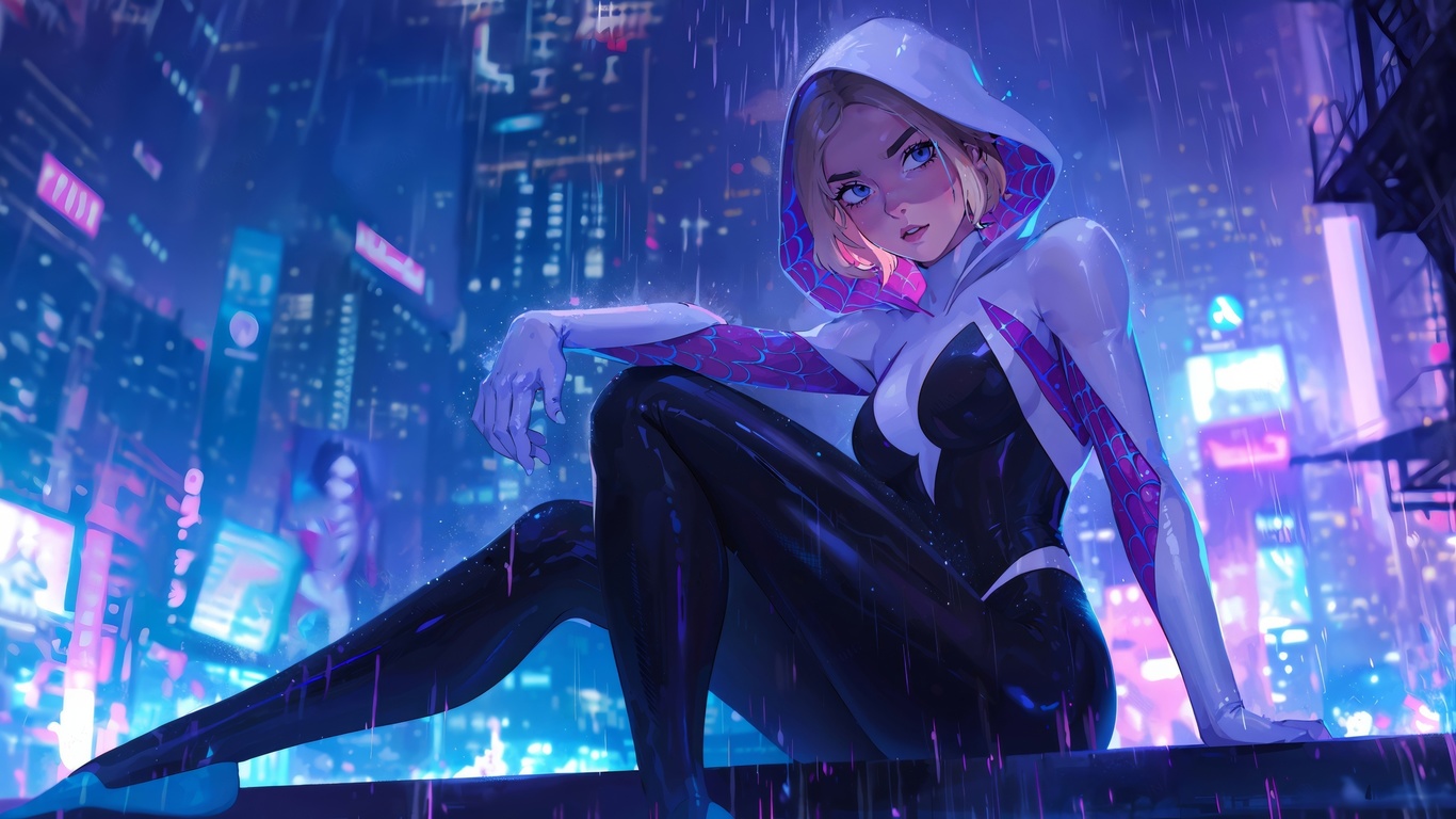 spider gwen, gwen stacy, bodysuit, blonde, rain, city, night, blue eyes, spider-man, spider-man: into the spider-verse, digital art