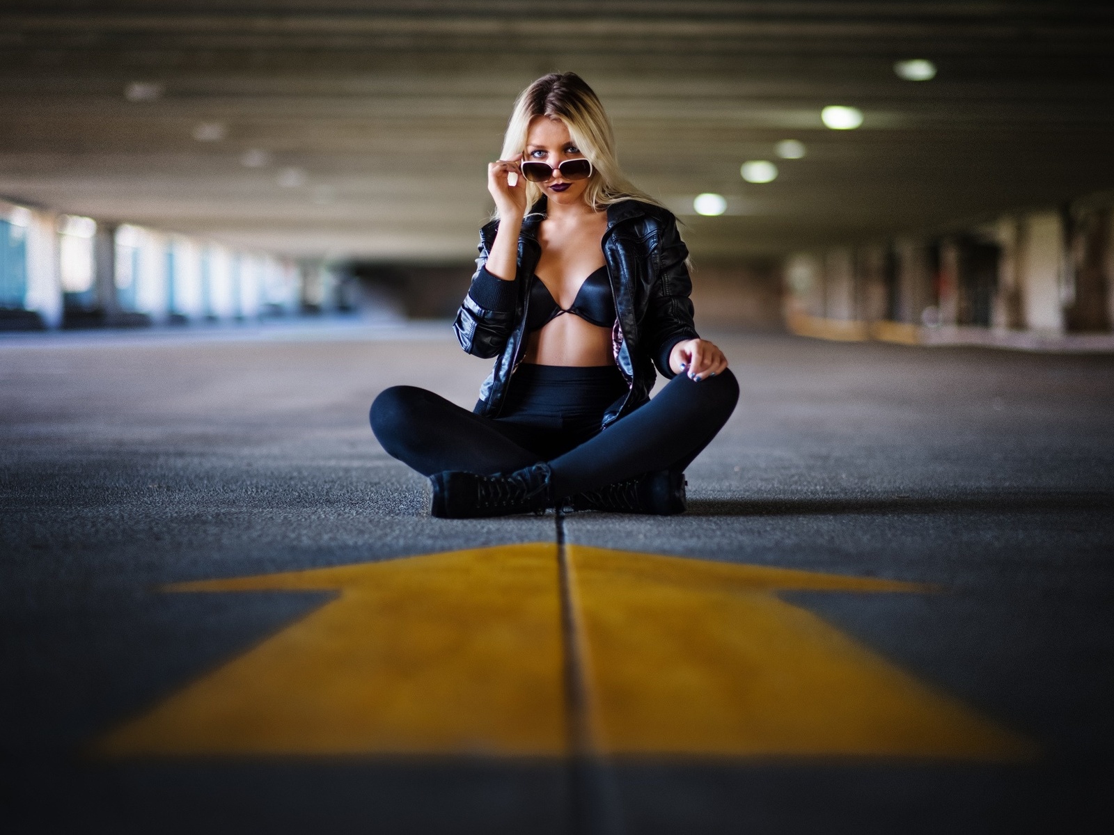 blonde, sitting, bra, jacket, leggings, beauty, sunglasses, pose