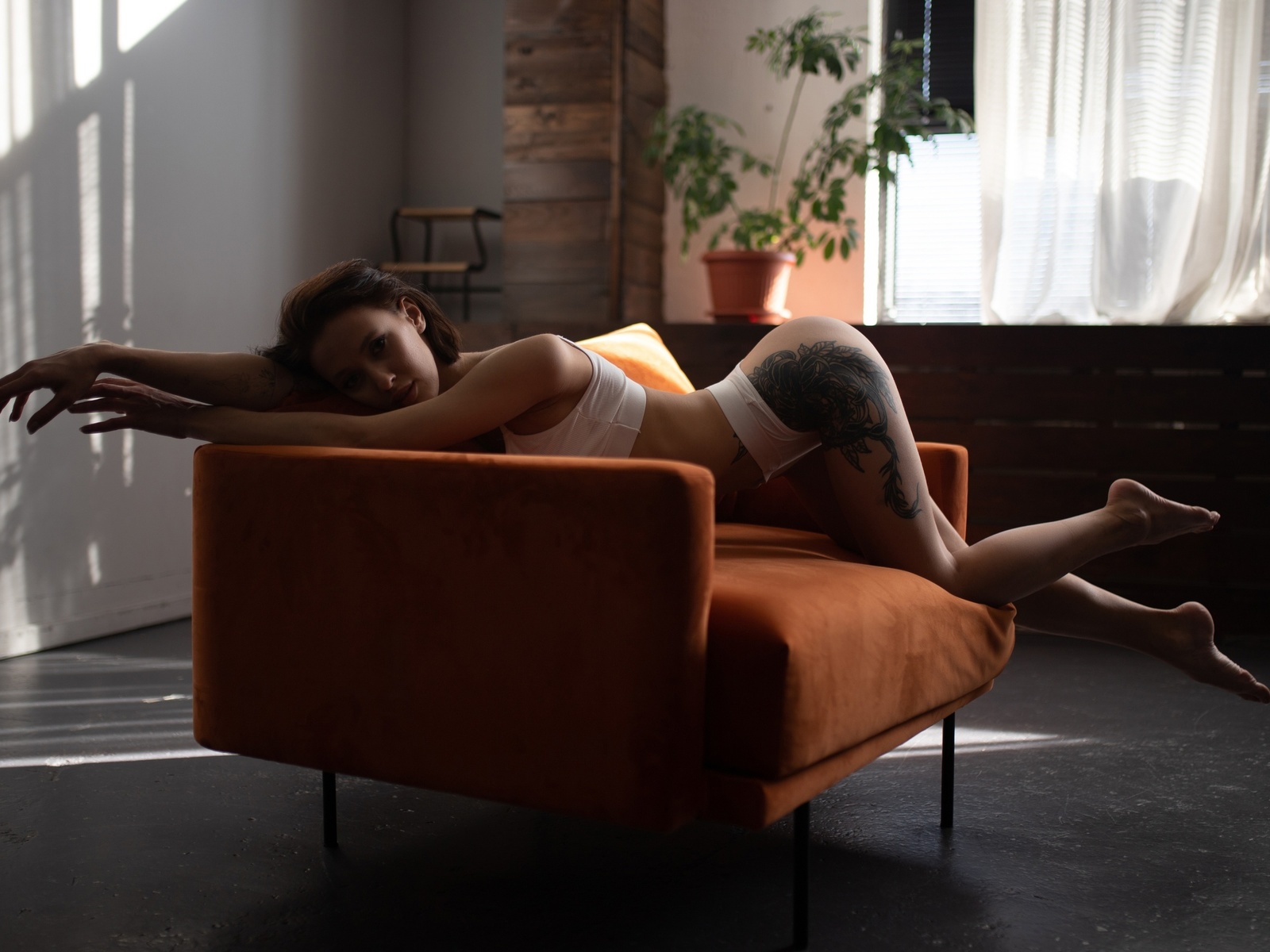 brunette, bent over, alexander nesterenko, brunette, ass, white tops, couch, women, white panties, plants, window, , orange couch, model, curtains, women indoors