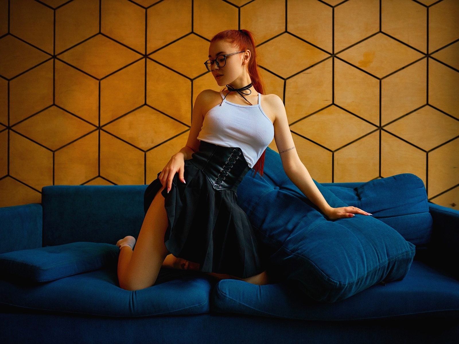 sergey bogatkov, redhead, miniskirt, black skirt, women indoors, women with glasses, , tattoo, nadezhda tretyakova, model, tank top, women, blue couch, kneeling