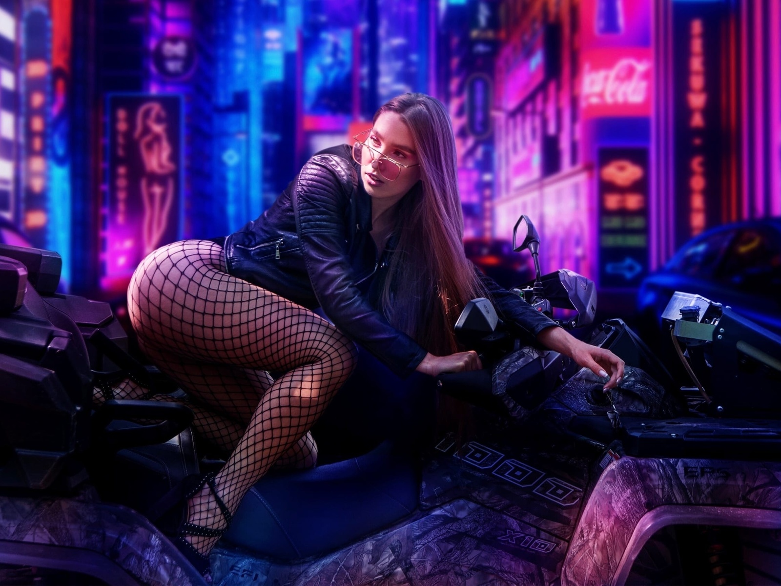 futuristic, brunette, bodysuit, , ass, women outdoors, model, hips, fishnet pantyhose, women, legs, leather jacket, women with glasses