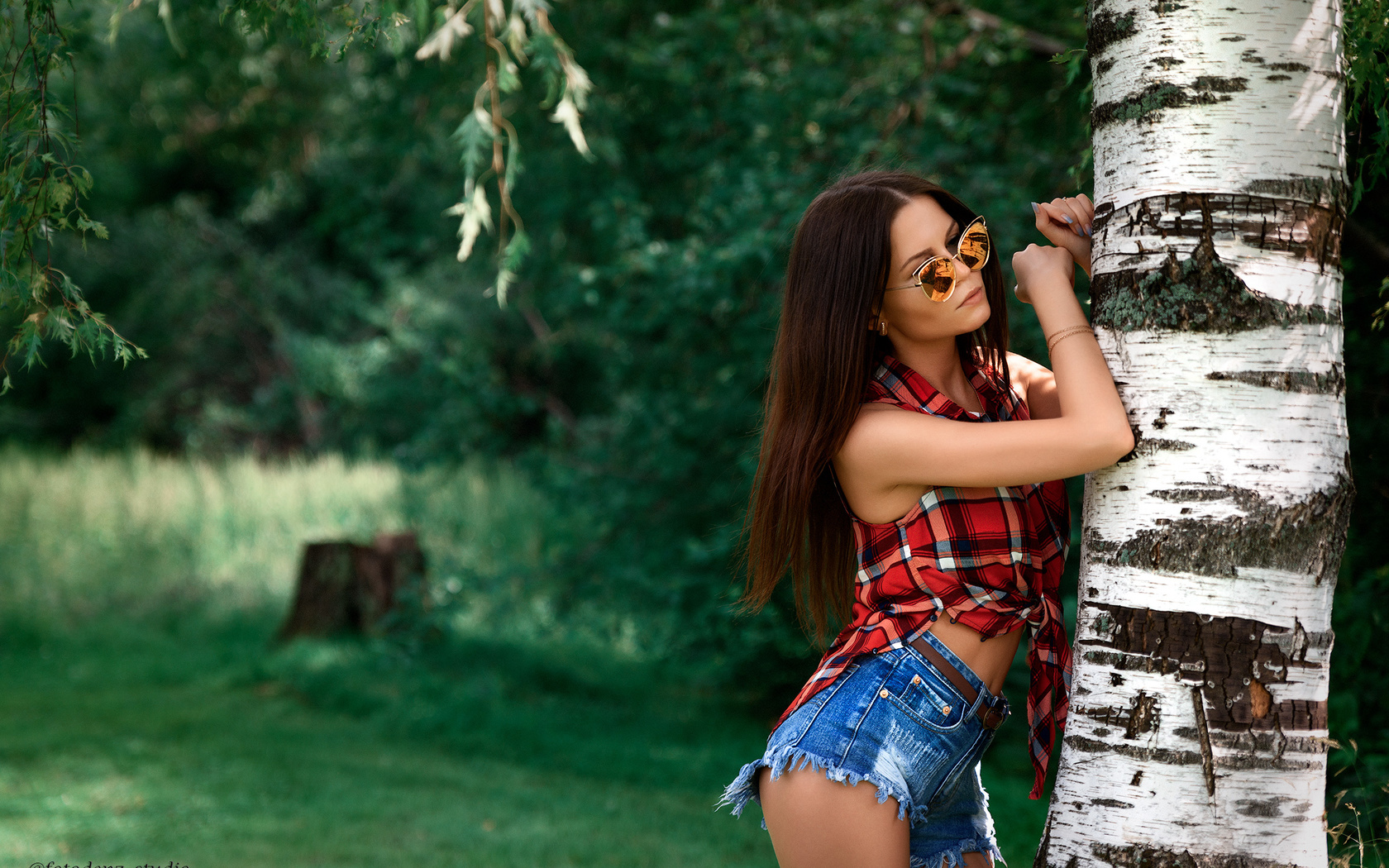 long hair, sunglasses, shirt, shorts, outdoors, beauty, tree, brunette