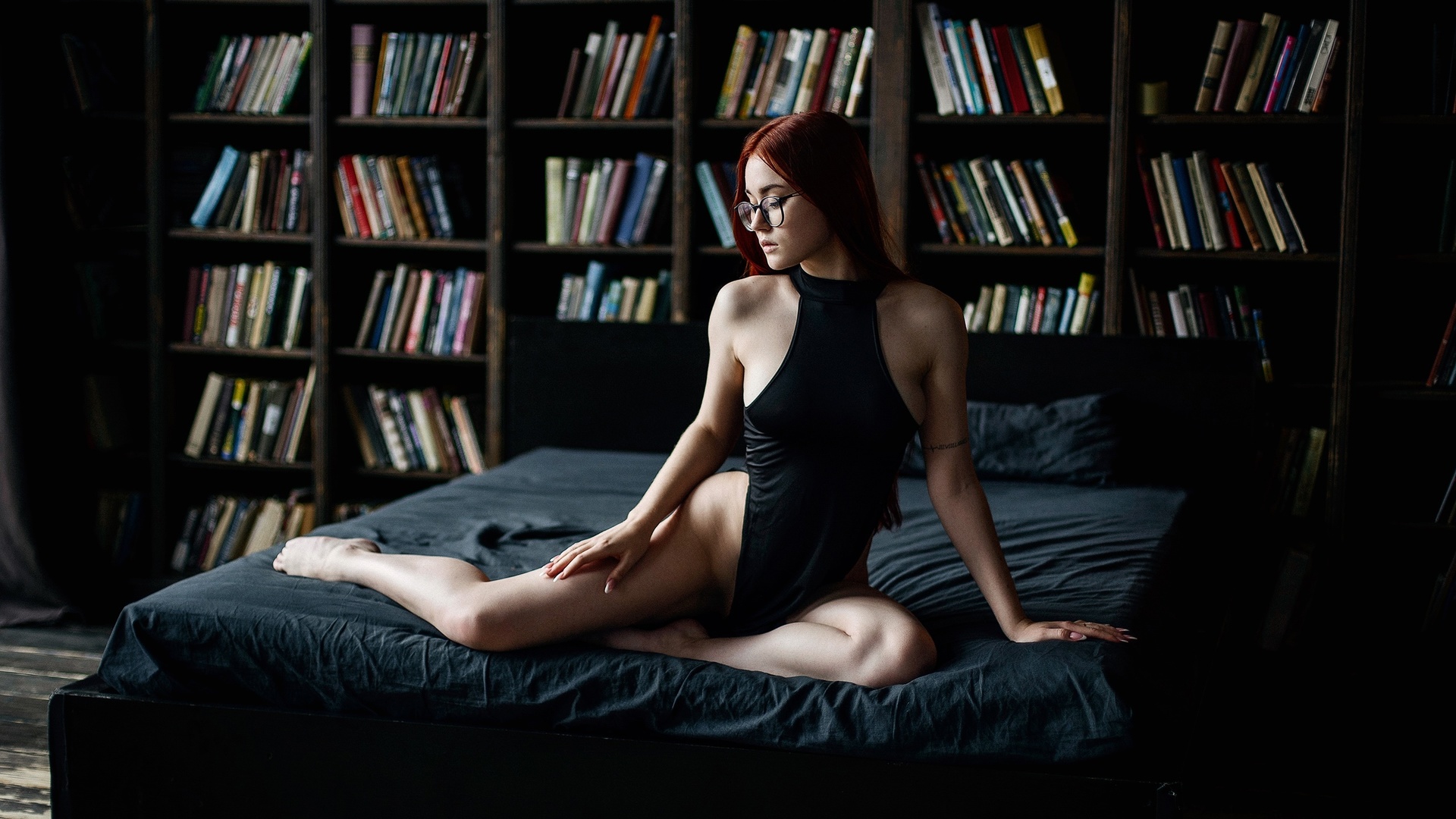 maksim chuprin, nadezhda tretyakova, redhead, in bed, women indoors, model, , women with glasses, women, hips, black dress