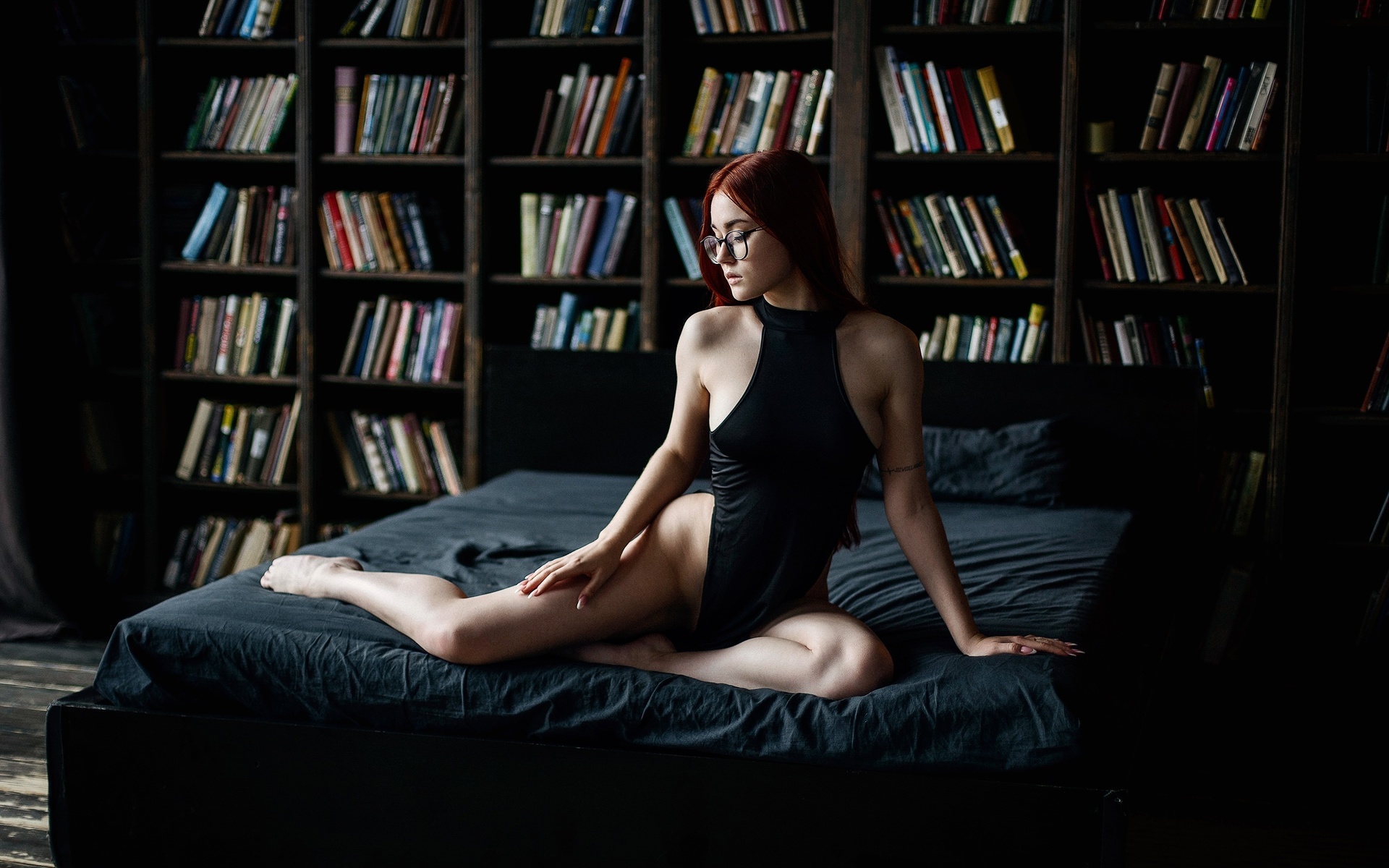 maksim chuprin, nadezhda tretyakova, redhead, in bed, women indoors, model, , women with glasses, women, hips, black dress