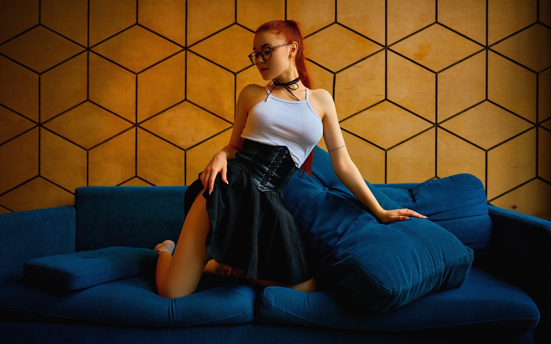 sergey bogatkov, redhead, miniskirt, black skirt, women indoors, women with glasses, , tattoo, nadezhda tretyakova, model, tank top, women, blue couch, kneeling