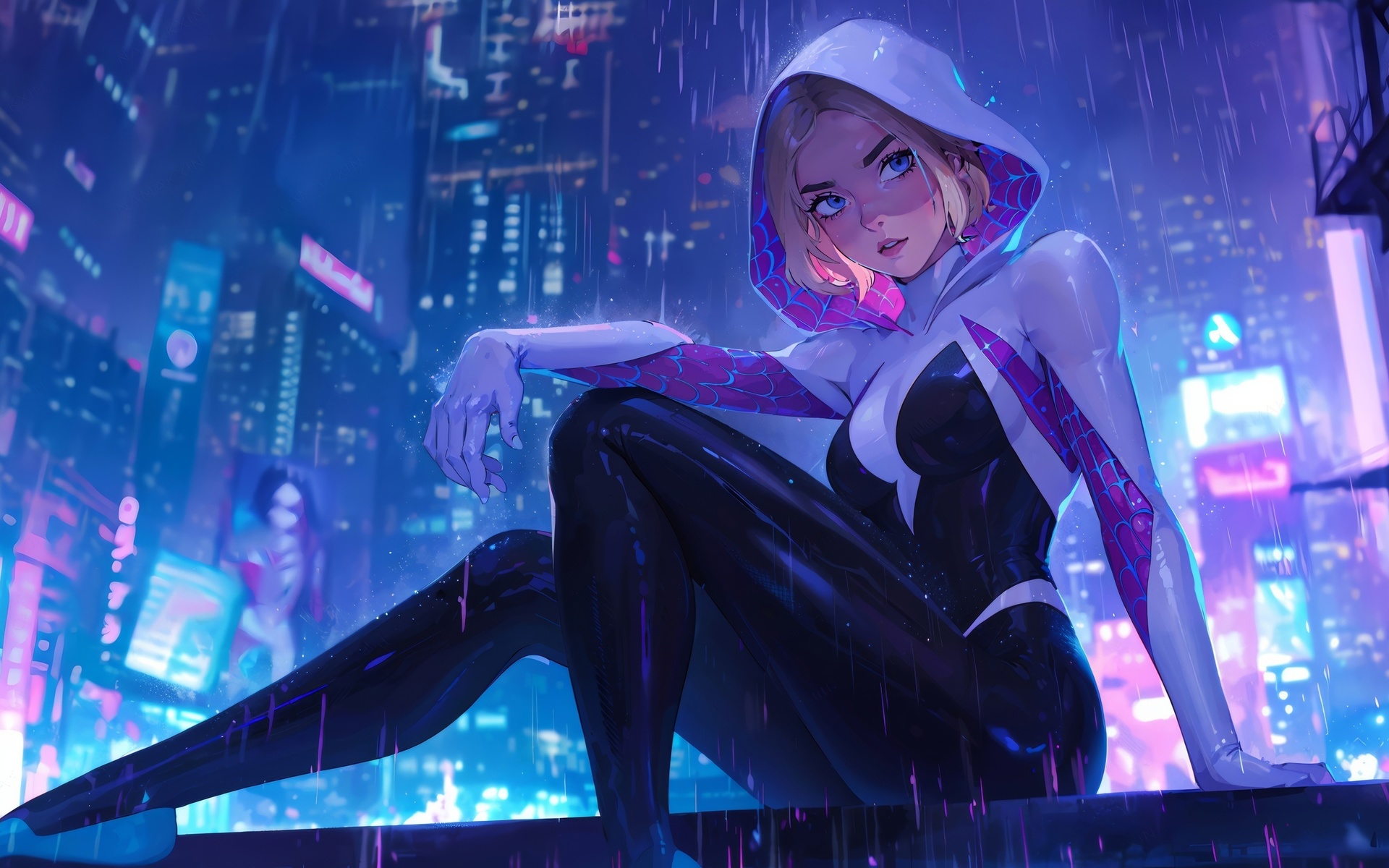 spider gwen, gwen stacy, bodysuit, blonde, rain, city, night, blue eyes, spider-man, spider-man: into the spider-verse, digital art