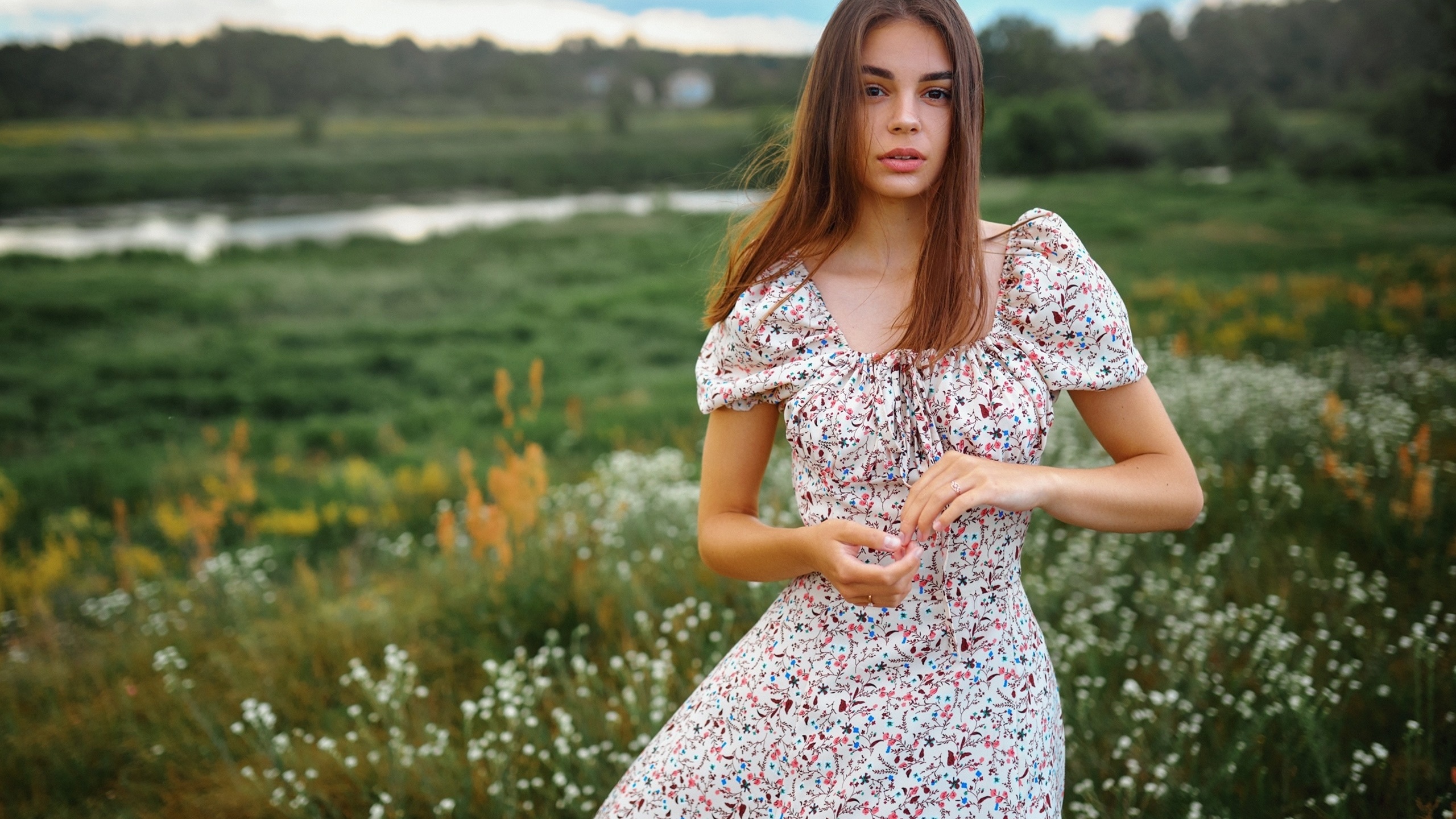 sergey bogatkov, summer dress, field, , brunette, nature, , model, clouds, sky, women, flowers