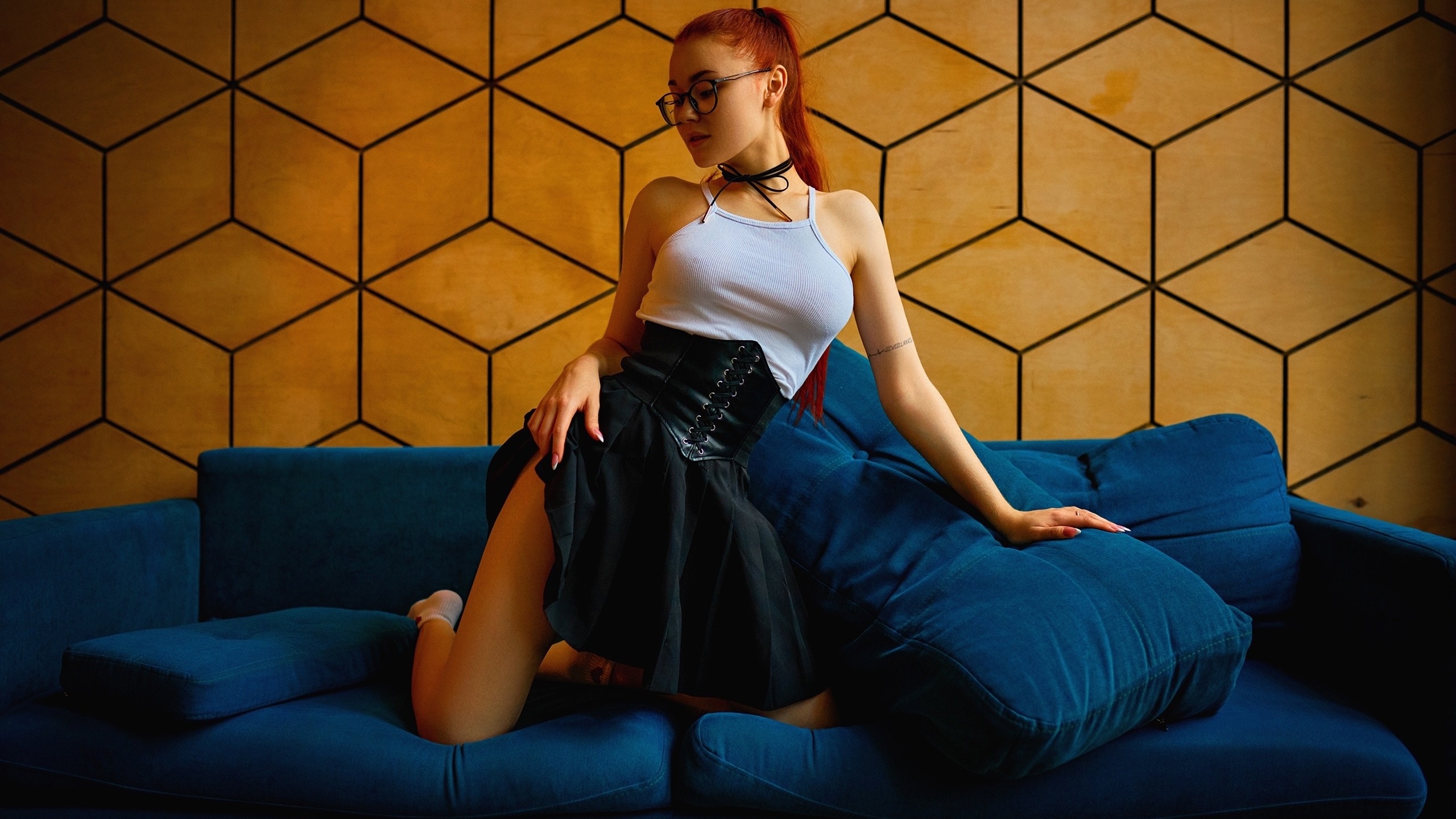 sergey bogatkov, redhead, miniskirt, black skirt, women indoors, women with glasses, , tattoo, nadezhda tretyakova, model, tank top, women, blue couch, kneeling