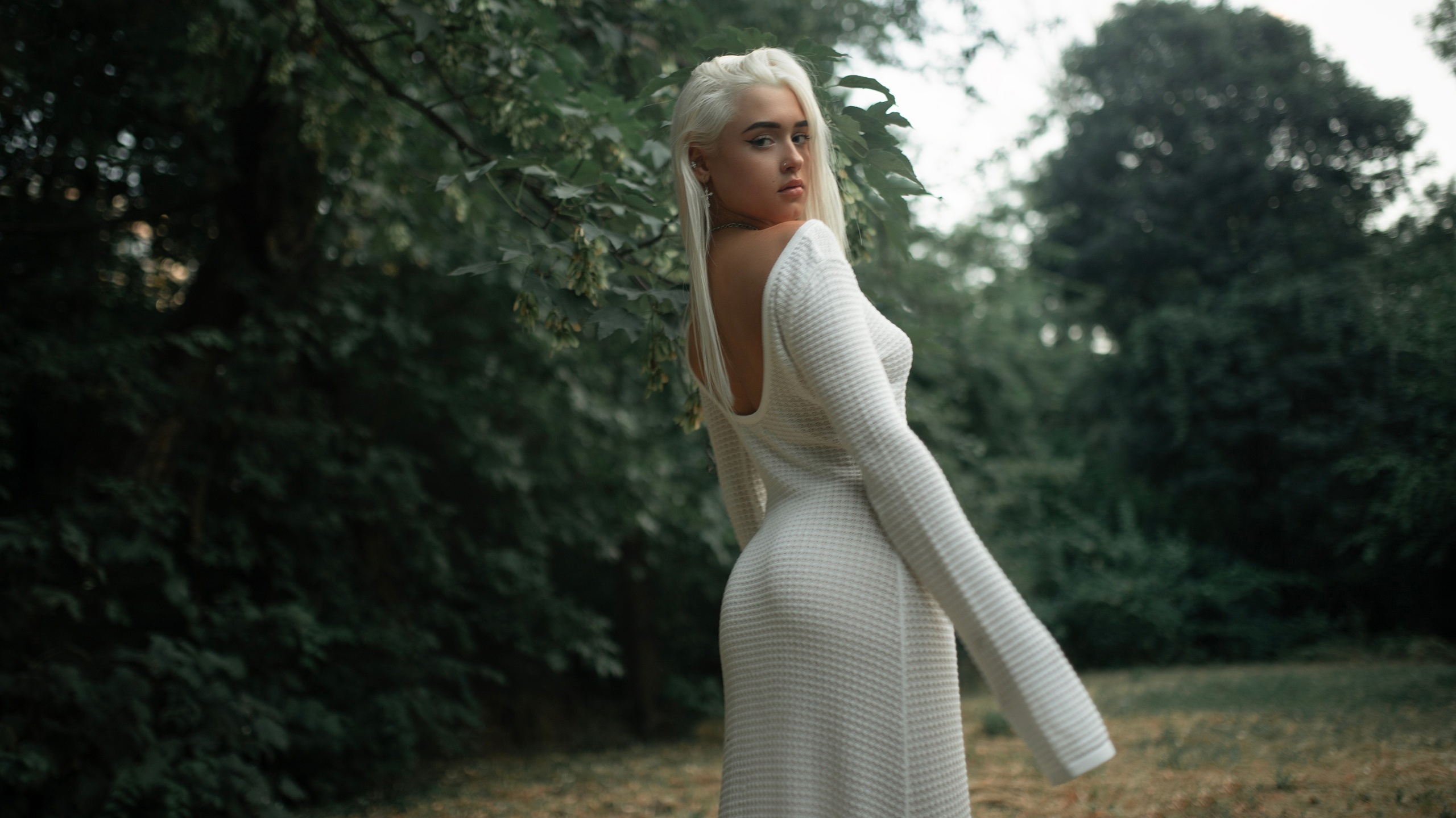 white dress, alexander nesterenko, nature, trees, model, ass, white hair, , , women, sky, rear view, dress