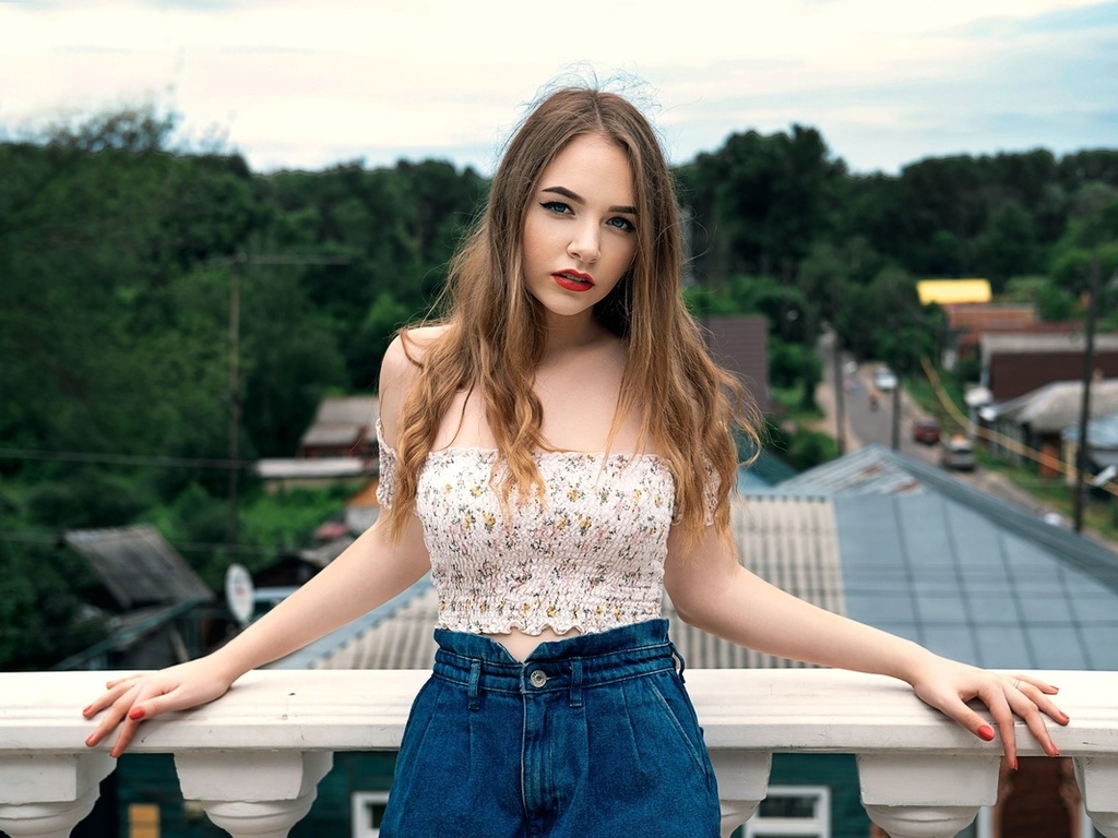 red lipstick, women, sky, women outdoors, jean shorts, model, , jeans, balcony, trees, brunette, , clouds, looking at viewer, blue eyes, beautiful