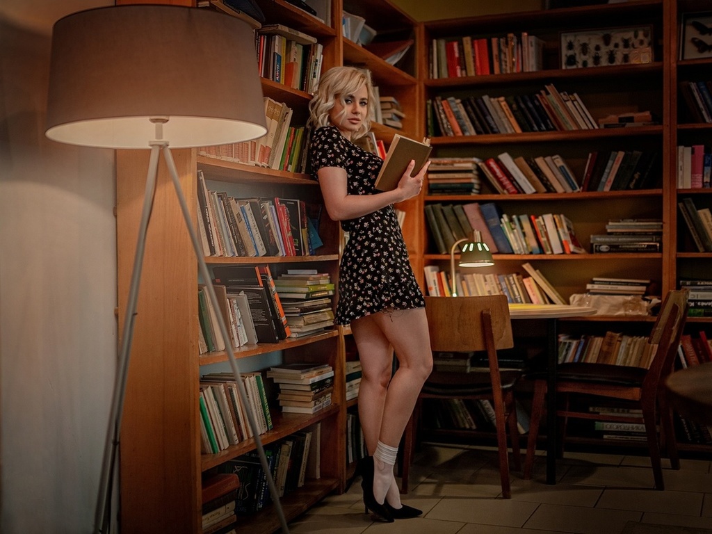 aleksey yuriev, blonde, legs, bookstore, , women indoors, lamp, model, , books, chair, women, standing