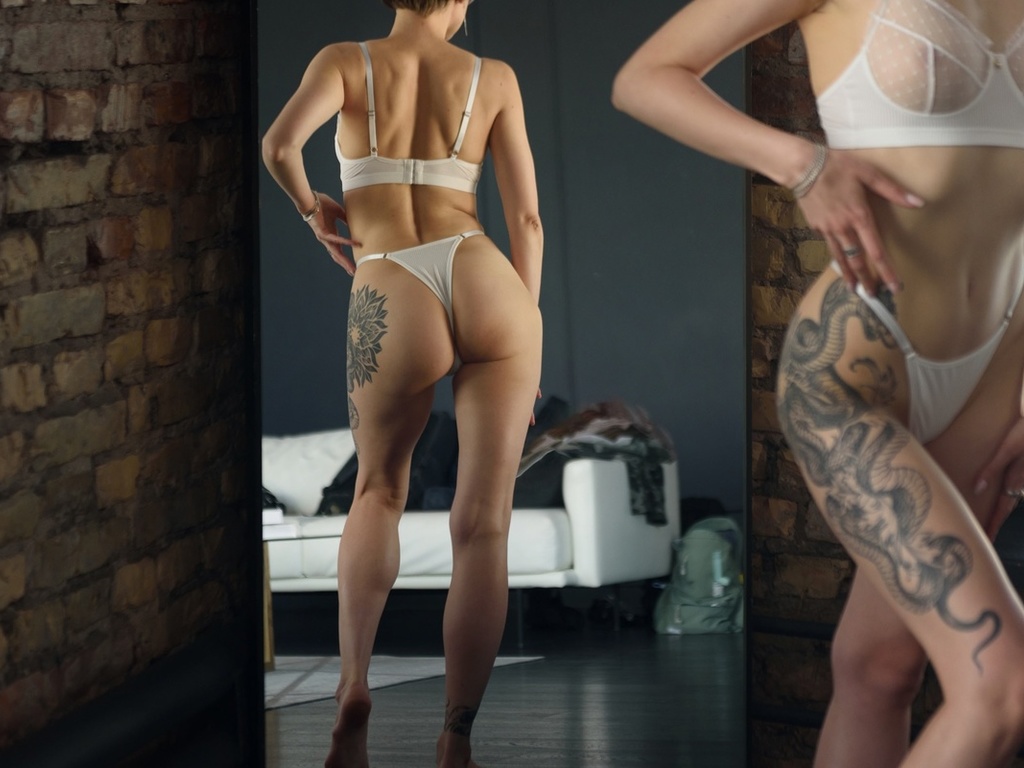 nil volkov, reflection, short hair, women, white panties, women indoors, , tattoo, model, hips, white lingerie, white bra, boobs, brunette, white couch, , mirror, standing, rear view, window