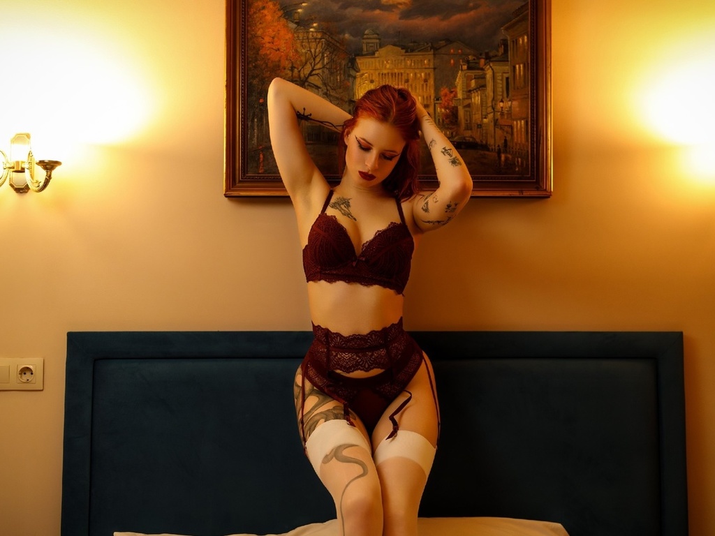 halli qwerty, in bed, redhead, hips, tattoo, makeup, women, , women indoors, curvy, model, panties, , bra, garter belt, lingerie