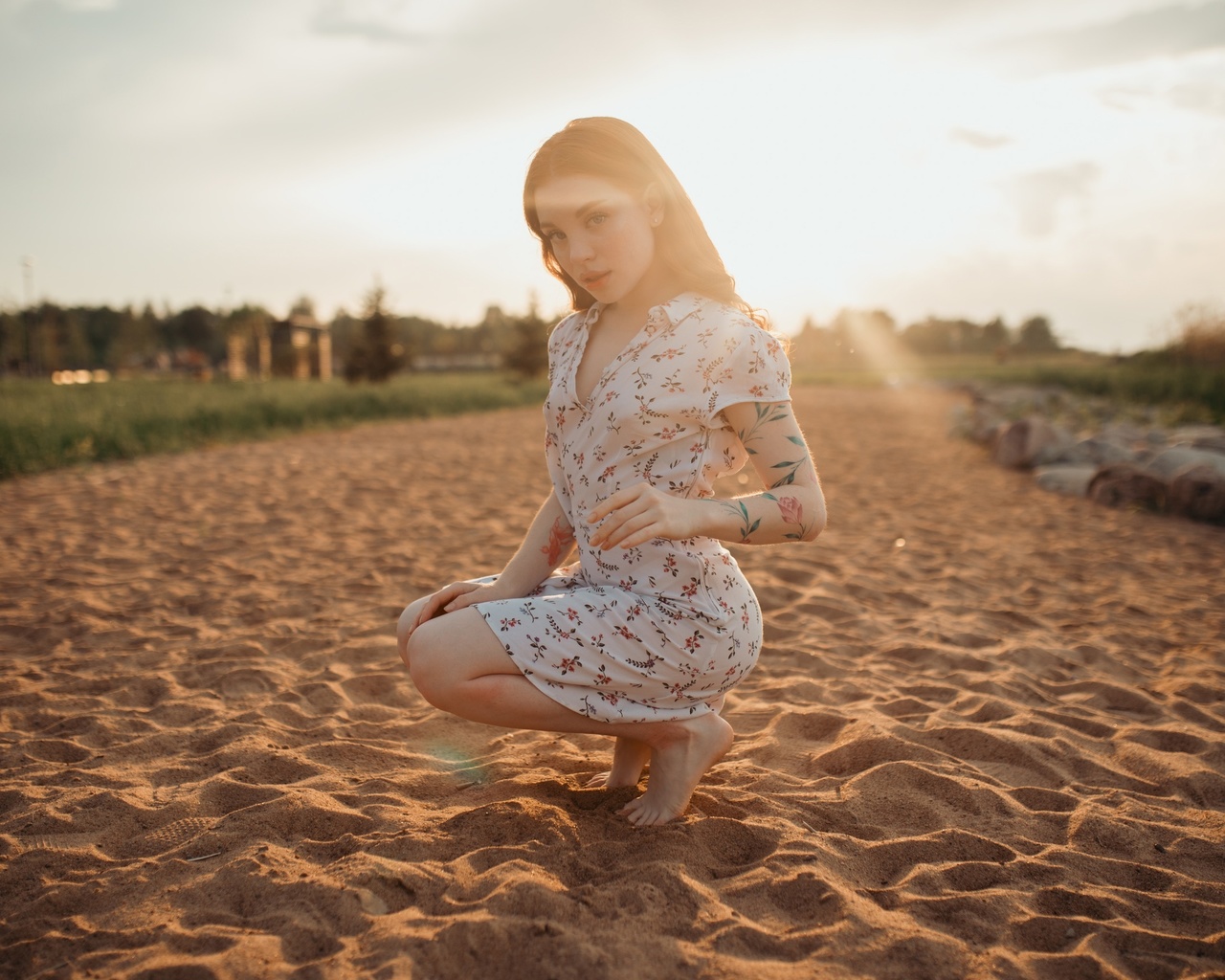 squatting, summer dress, brunette, barefoot, , women, sky, women outdoors, clouds, women, sand, tattoo, model