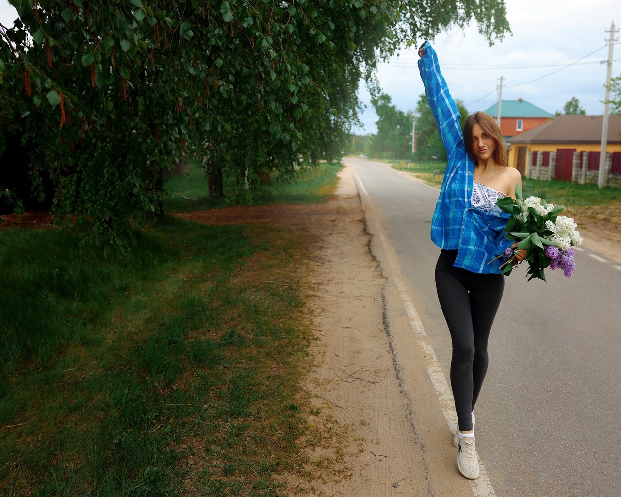 sergey bogatkov, , outdoors, leggings, brunette, model, road, trees, flowers, grass, sneakers, sky, clouds, plaid shirt, hips, blouse