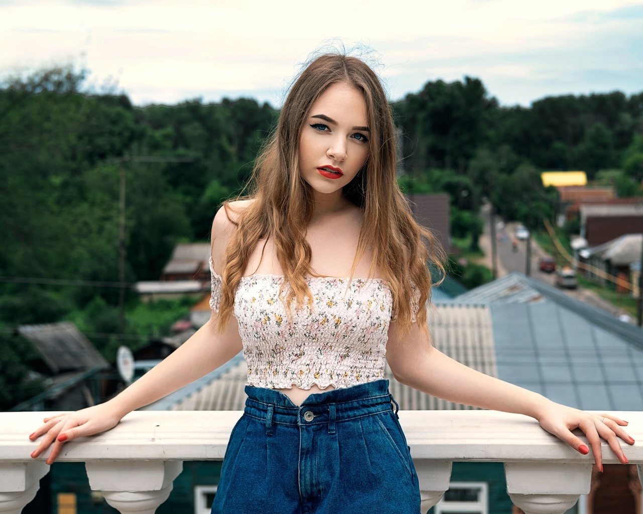 red lipstick, women, sky, women outdoors, jean shorts, model, , jeans, balcony, trees, brunette, , clouds, looking at viewer, blue eyes, beautiful