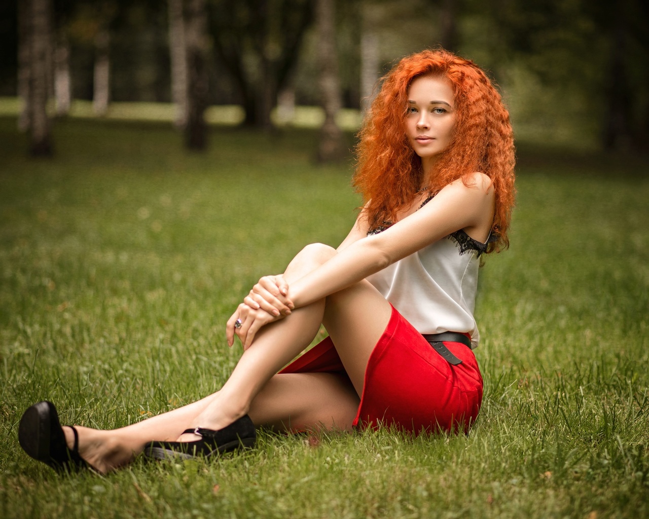 stanislav maximov, redhead, grass, women outdoors, women, red skirt, blouse, trees, , model, sitting, wavy hair