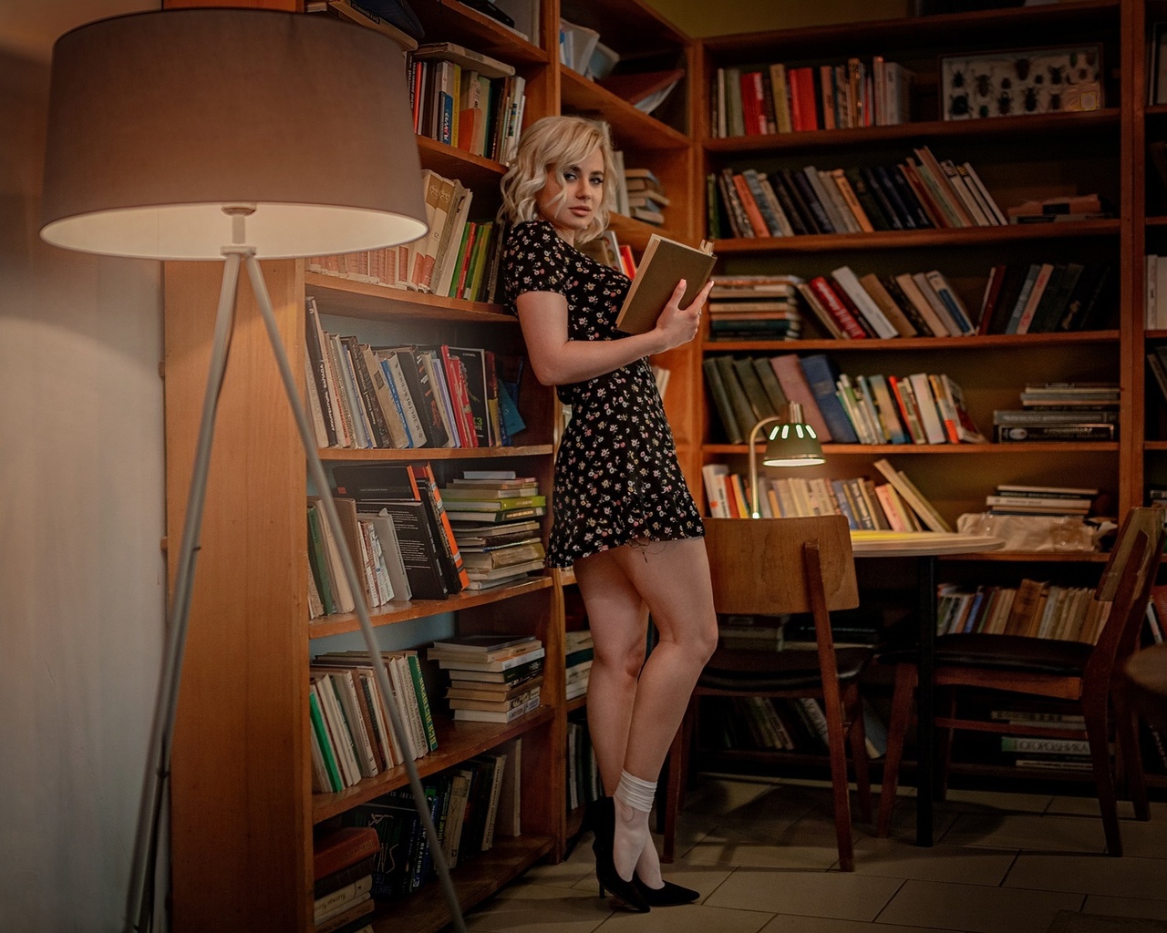 aleksey yuriev, blonde, legs, bookstore, , women indoors, lamp, model, , books, chair, women, standing