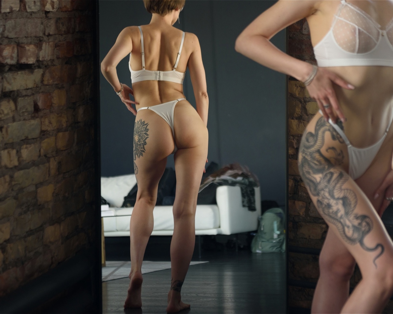 nil volkov, reflection, short hair, women, white panties, women indoors, , tattoo, model, hips, white lingerie, white bra, boobs, brunette, white couch, , mirror, standing, rear view, window