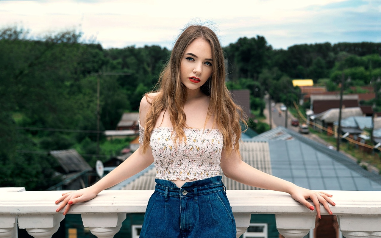 red lipstick, women, sky, women outdoors, jean shorts, model, , jeans, balcony, trees, brunette, , clouds, looking at viewer, blue eyes, beautiful