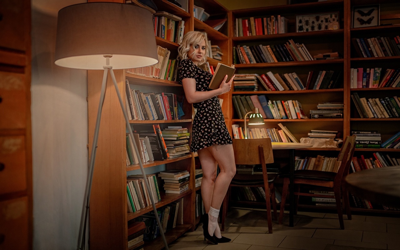 aleksey yuriev, blonde, legs, bookstore, , women indoors, lamp, model, , books, chair, women, standing