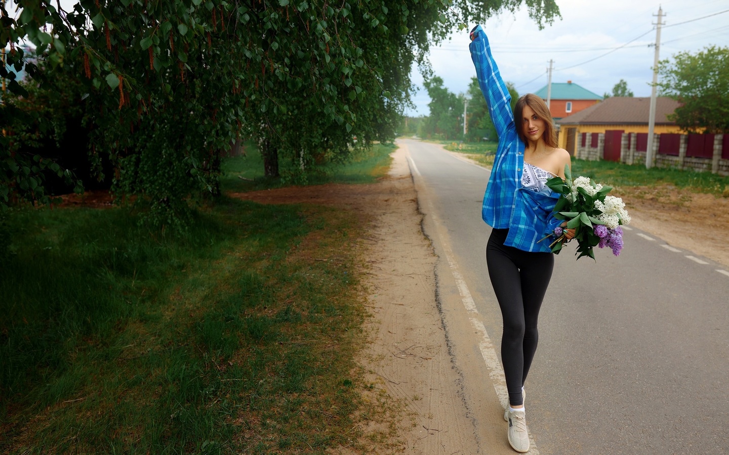 sergey bogatkov, , outdoors, leggings, brunette, model, road, trees, flowers, grass, sneakers, sky, clouds, plaid shirt, hips, blouse