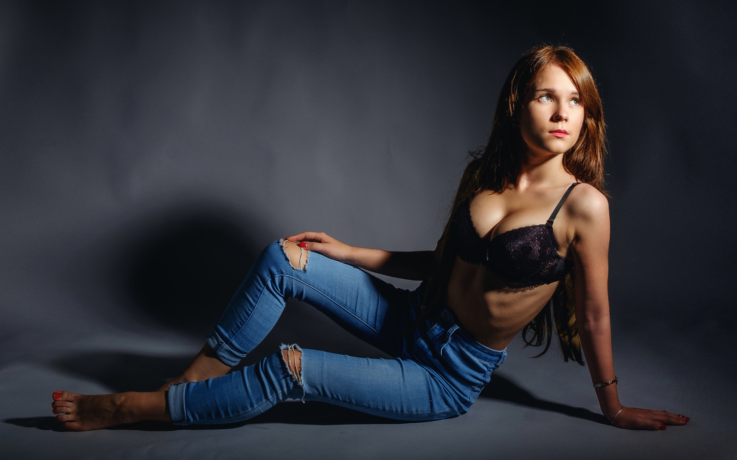 barefoot, jeans, model, studio, , on the floor, women, women indoors, black bra, redhead, torn jeans