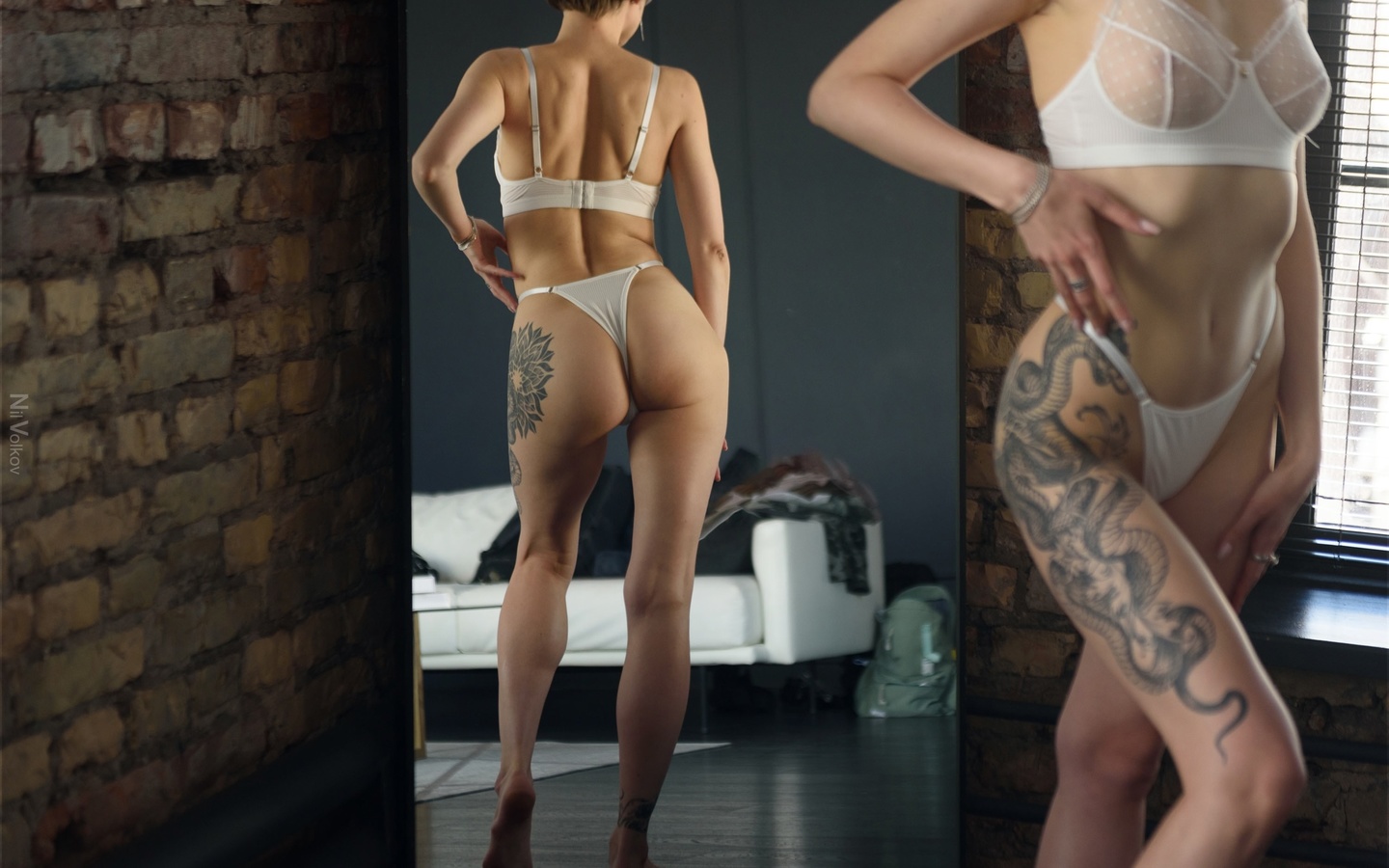 nil volkov, reflection, short hair, women, white panties, women indoors, , tattoo, model, hips, white lingerie, white bra, boobs, brunette, white couch, , mirror, standing, rear view, window