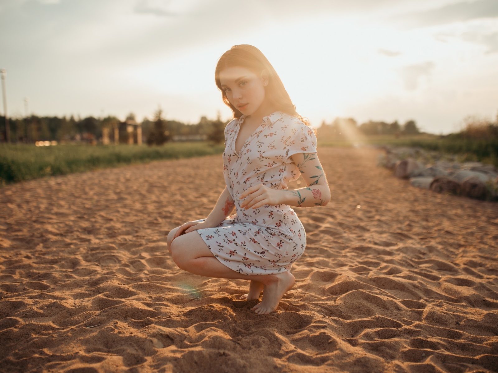 squatting, summer dress, brunette, barefoot, , women, sky, women outdoors, clouds, women, sand, tattoo, model