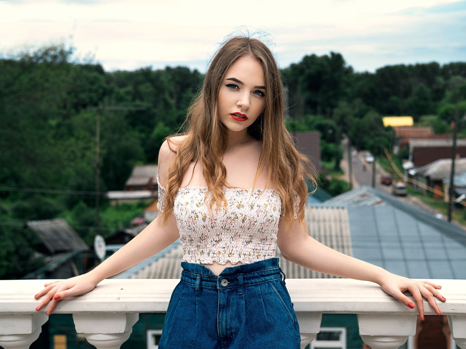 red lipstick, women, sky, women outdoors, jean shorts, model, , jeans, balcony, trees, brunette, , clouds, looking at viewer, blue eyes, beautiful