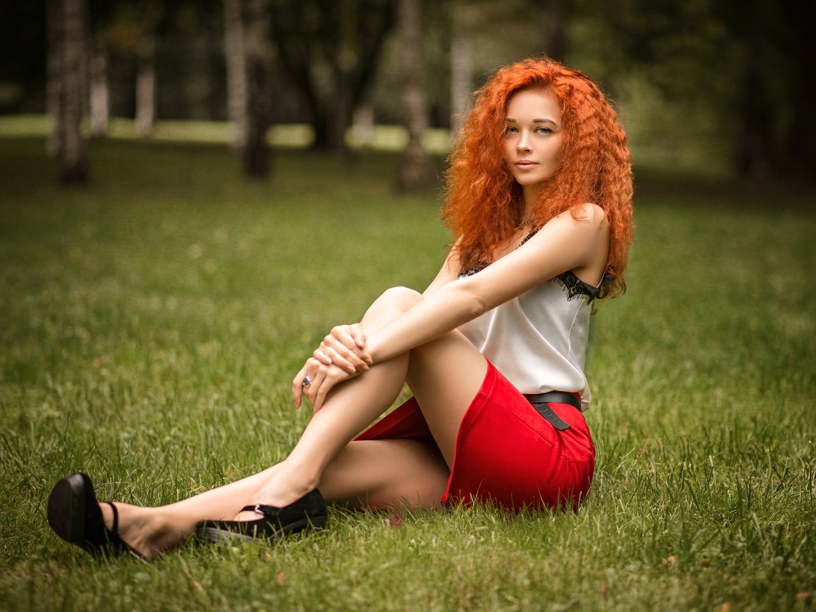 stanislav maximov, redhead, grass, women outdoors, women, red skirt, blouse, trees, , model, sitting, wavy hair