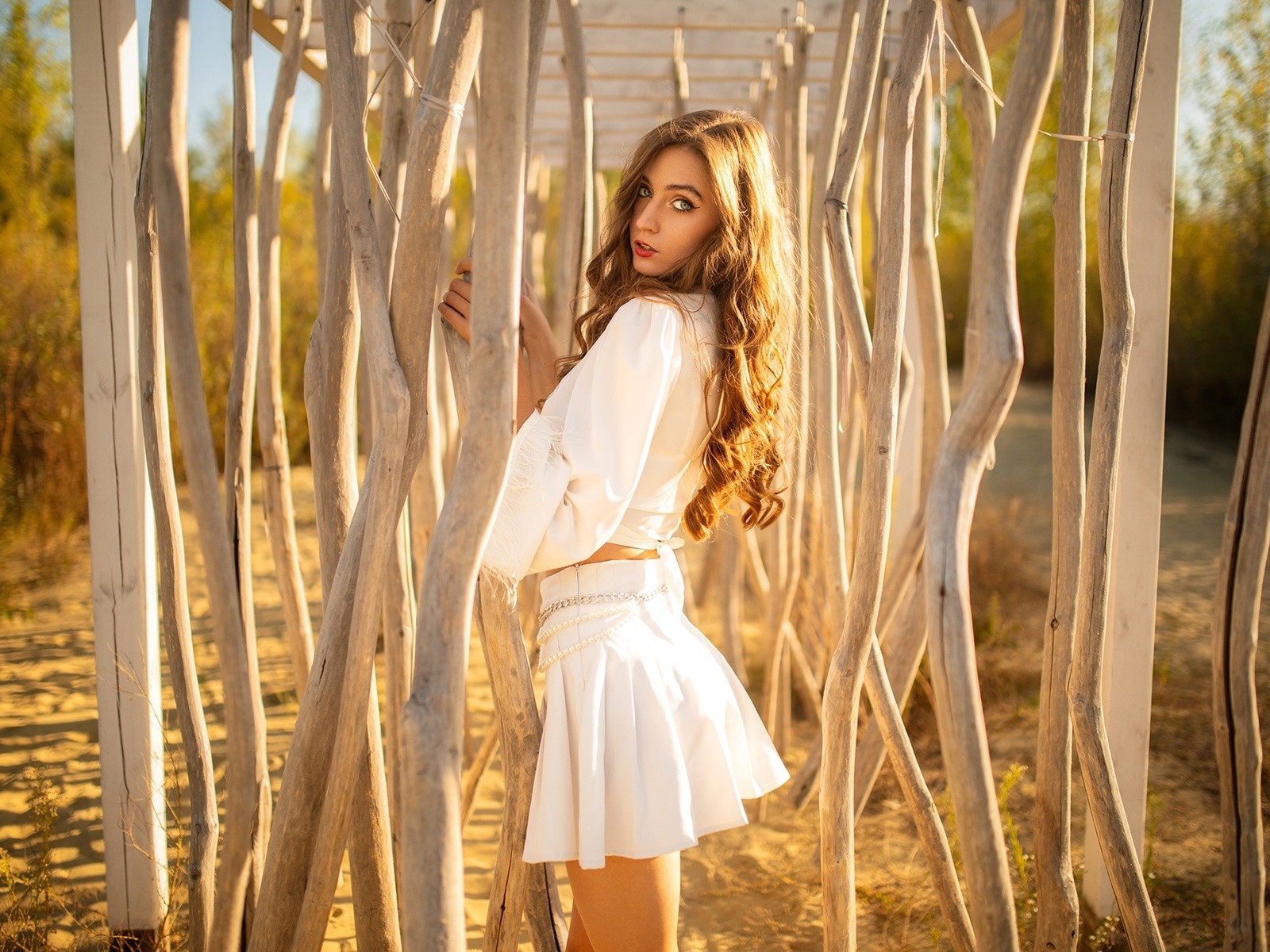 dmitri shulgin, field, model, white skirt, standing, women, white blouse, red lipstick, , brunette, women outdoors, miniskirt