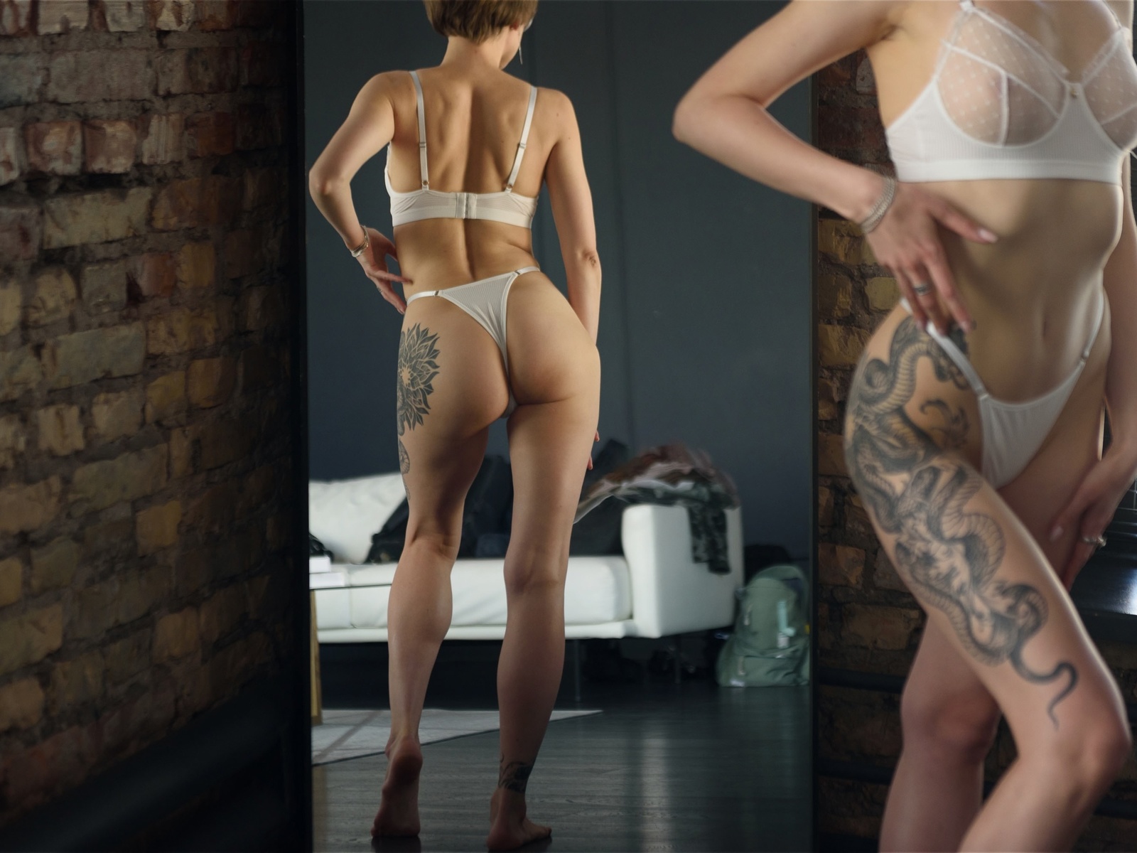 nil volkov, reflection, short hair, women, white panties, women indoors, , tattoo, model, hips, white lingerie, white bra, boobs, brunette, white couch, , mirror, standing, rear view, window