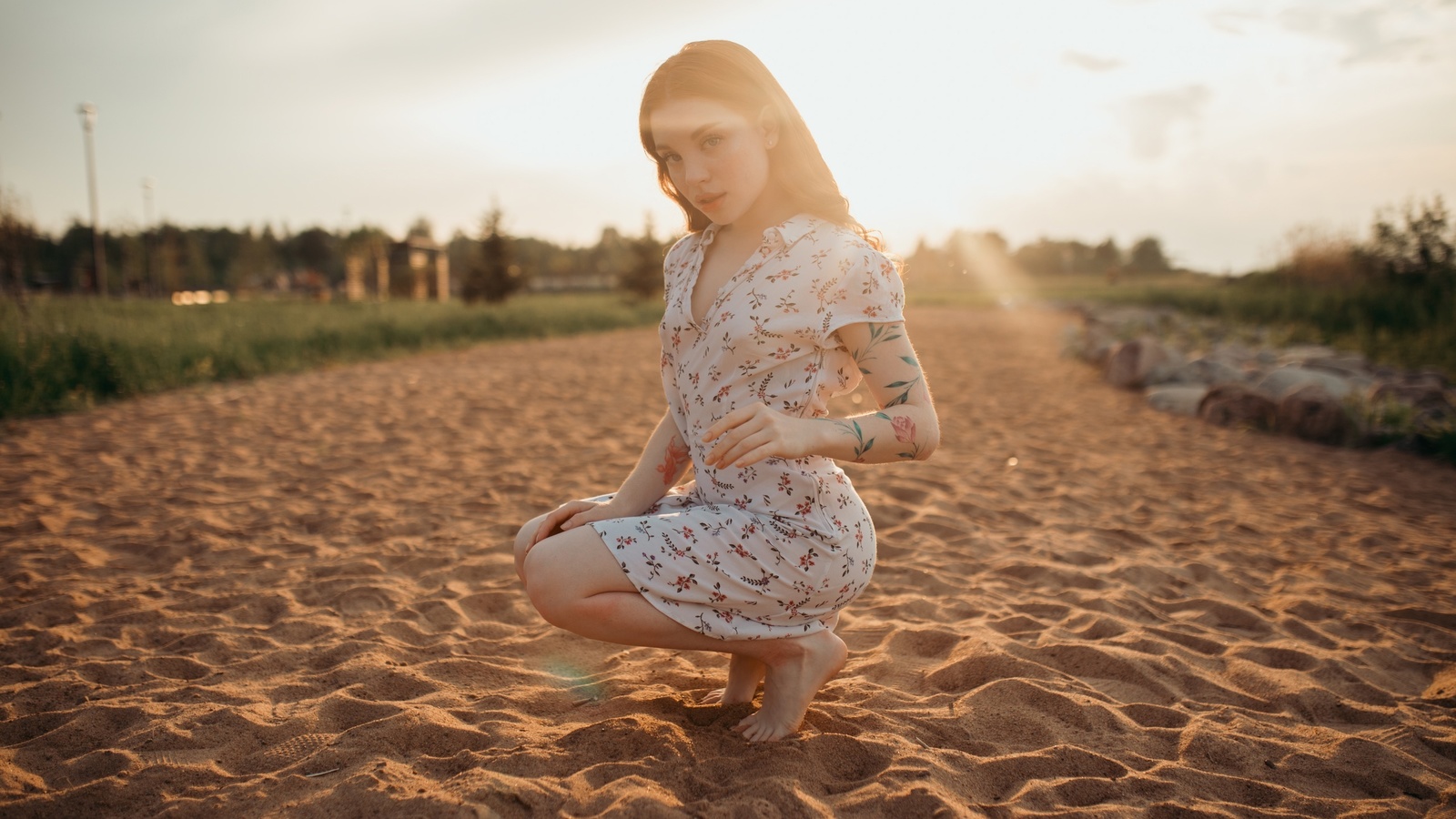 squatting, summer dress, brunette, barefoot, , women, sky, women outdoors, clouds, women, sand, tattoo, model