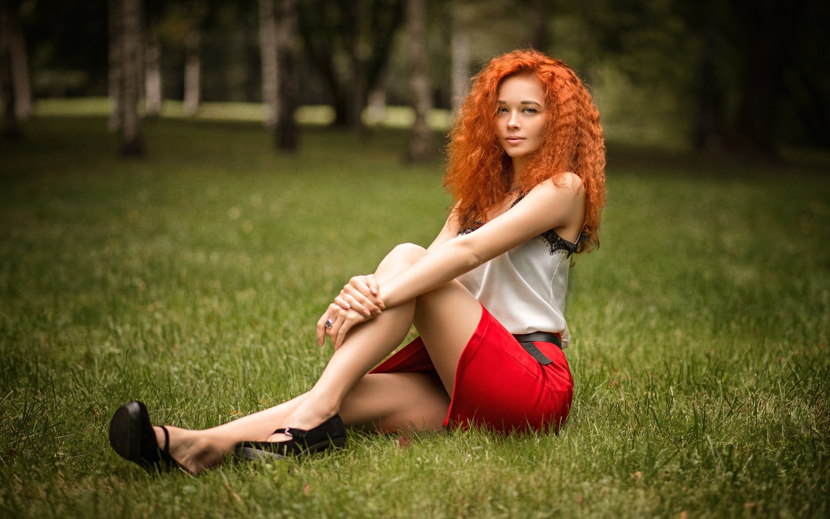 stanislav maximov, redhead, grass, women outdoors, women, red skirt, blouse, trees, , model, sitting, wavy hair