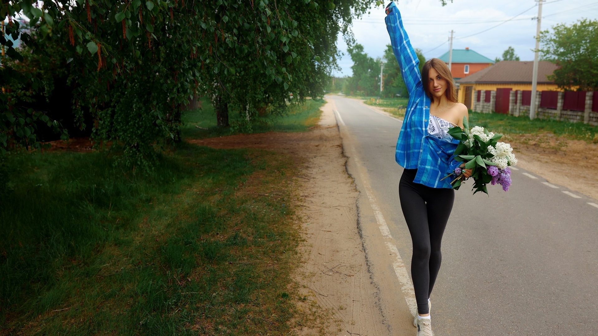 sergey bogatkov, , outdoors, leggings, brunette, model, road, trees, flowers, grass, sneakers, sky, clouds, plaid shirt, hips, blouse