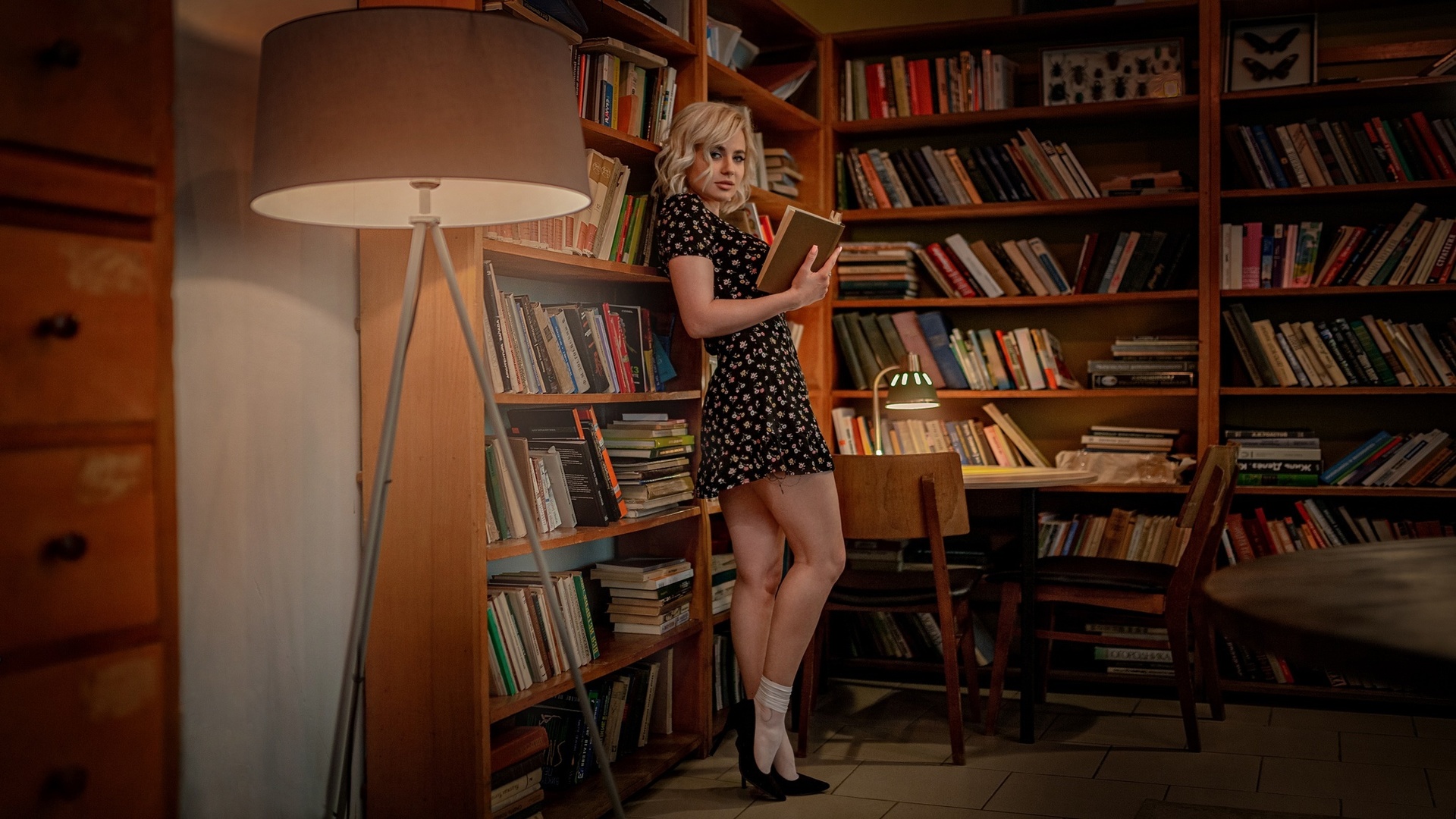 aleksey yuriev, blonde, legs, bookstore, , women indoors, lamp, model, , books, chair, women, standing