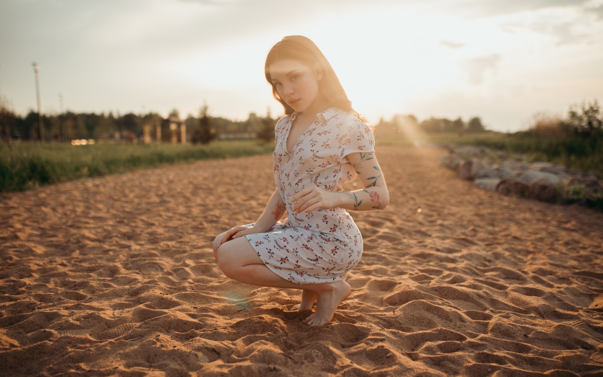 squatting, summer dress, brunette, barefoot, , women, sky, women outdoors, clouds, women, sand, tattoo, model