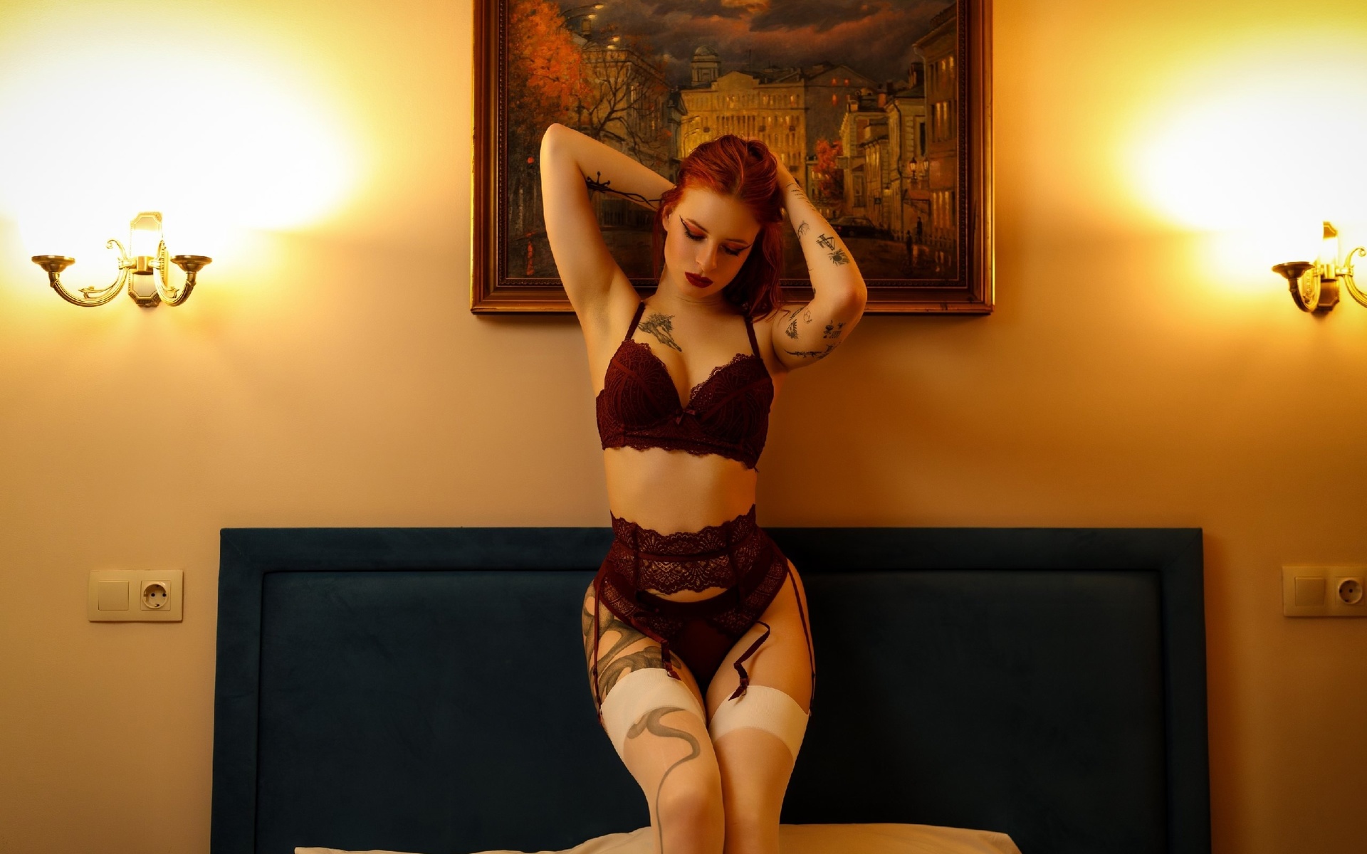 halli qwerty, in bed, redhead, hips, tattoo, makeup, women, , women indoors, curvy, model, panties, , bra, garter belt, lingerie