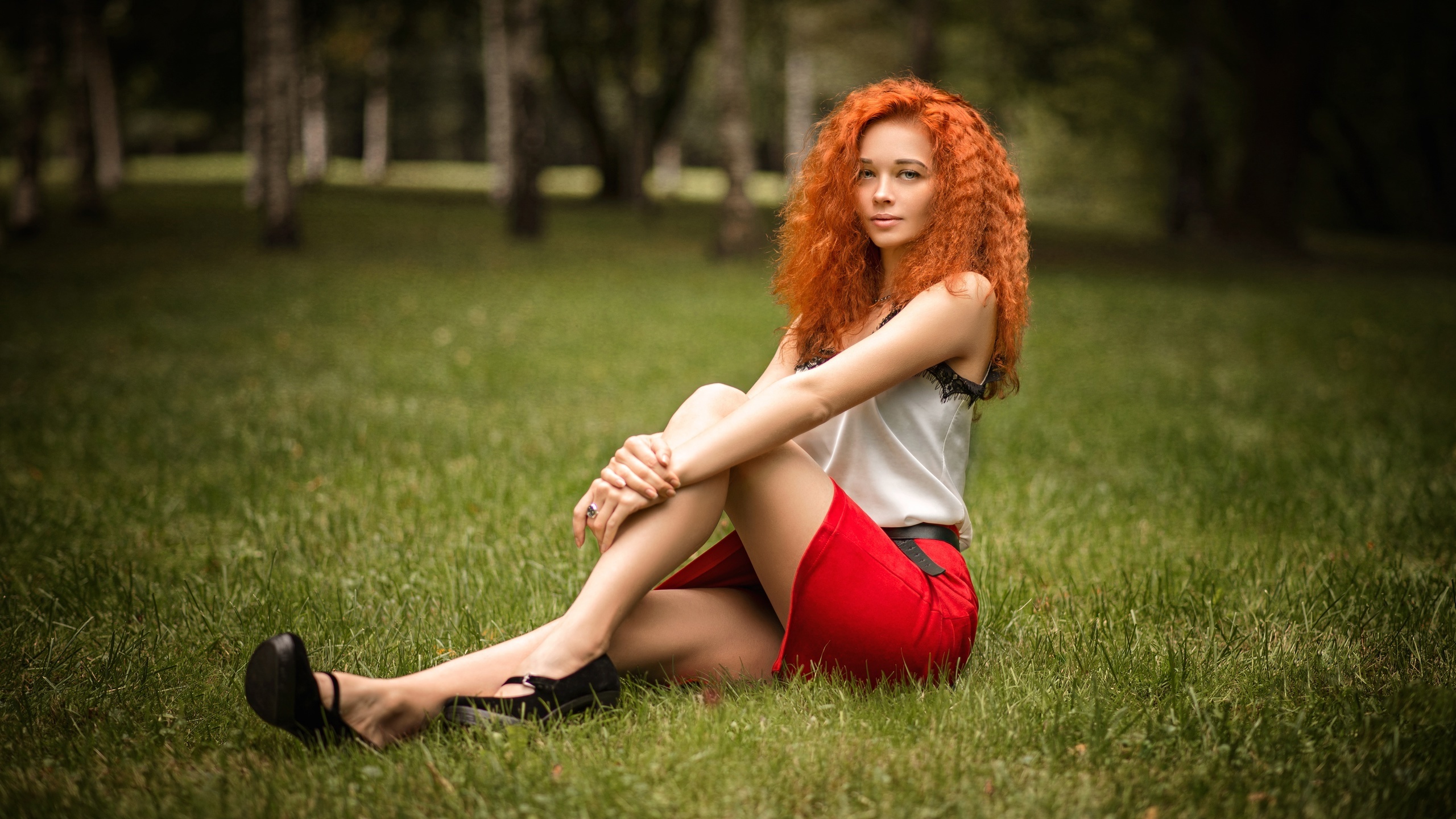 stanislav maximov, redhead, grass, women outdoors, women, red skirt, blouse, trees, , model, sitting, wavy hair