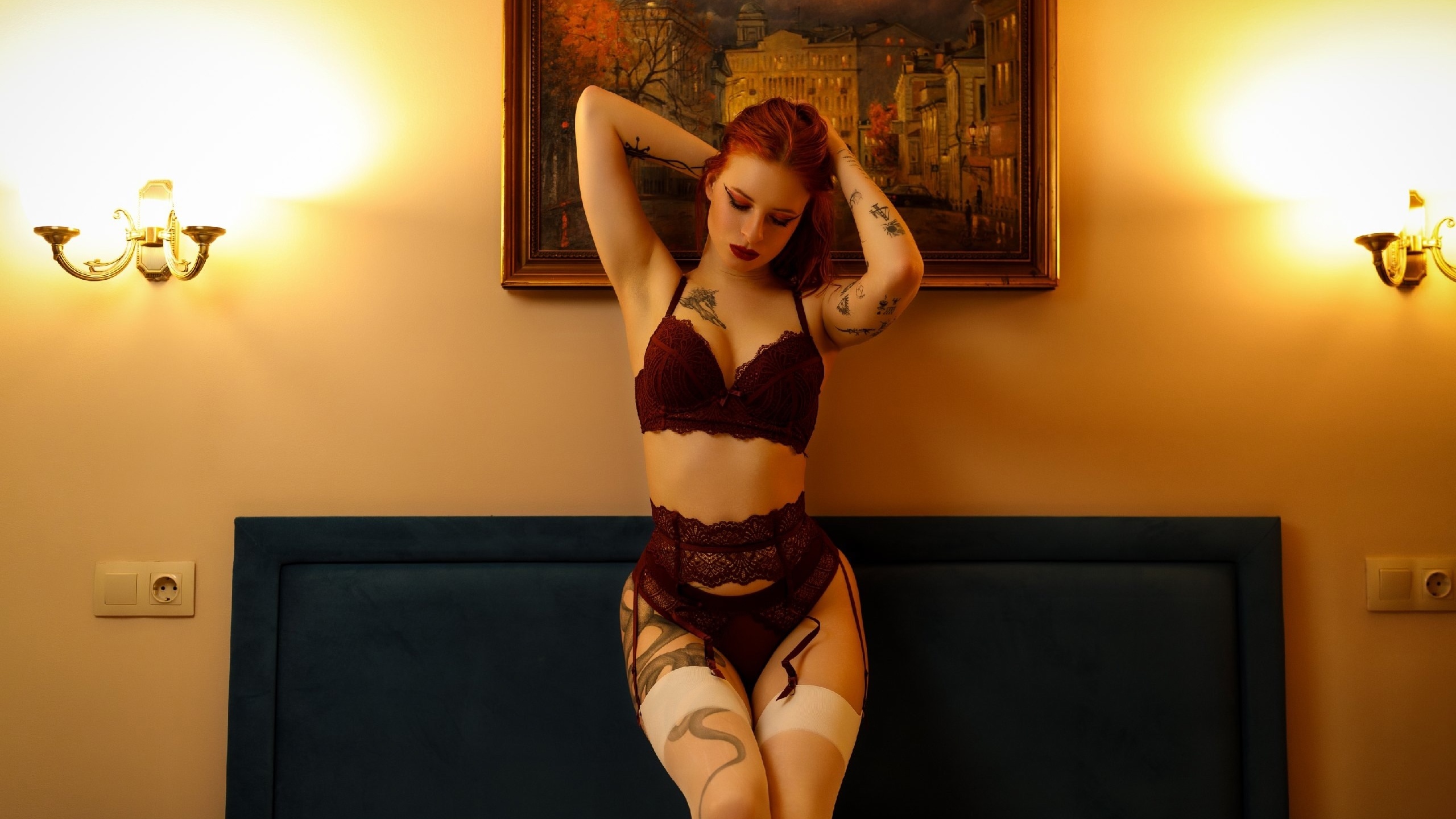 halli qwerty, in bed, redhead, hips, tattoo, makeup, women, , women indoors, curvy, model, panties, , bra, garter belt, lingerie