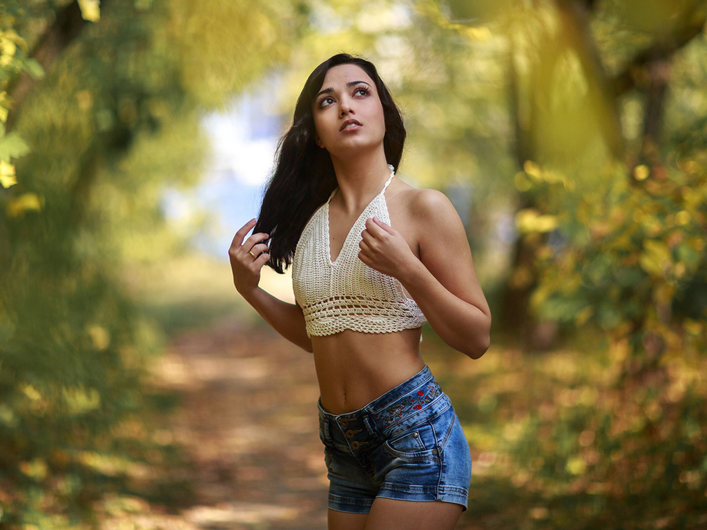 vladimir lapshin, brunette, jean shorts, forest, , belly button, women outdoors, standing, , women, nature, looking up, red lipstick, , plants, trees