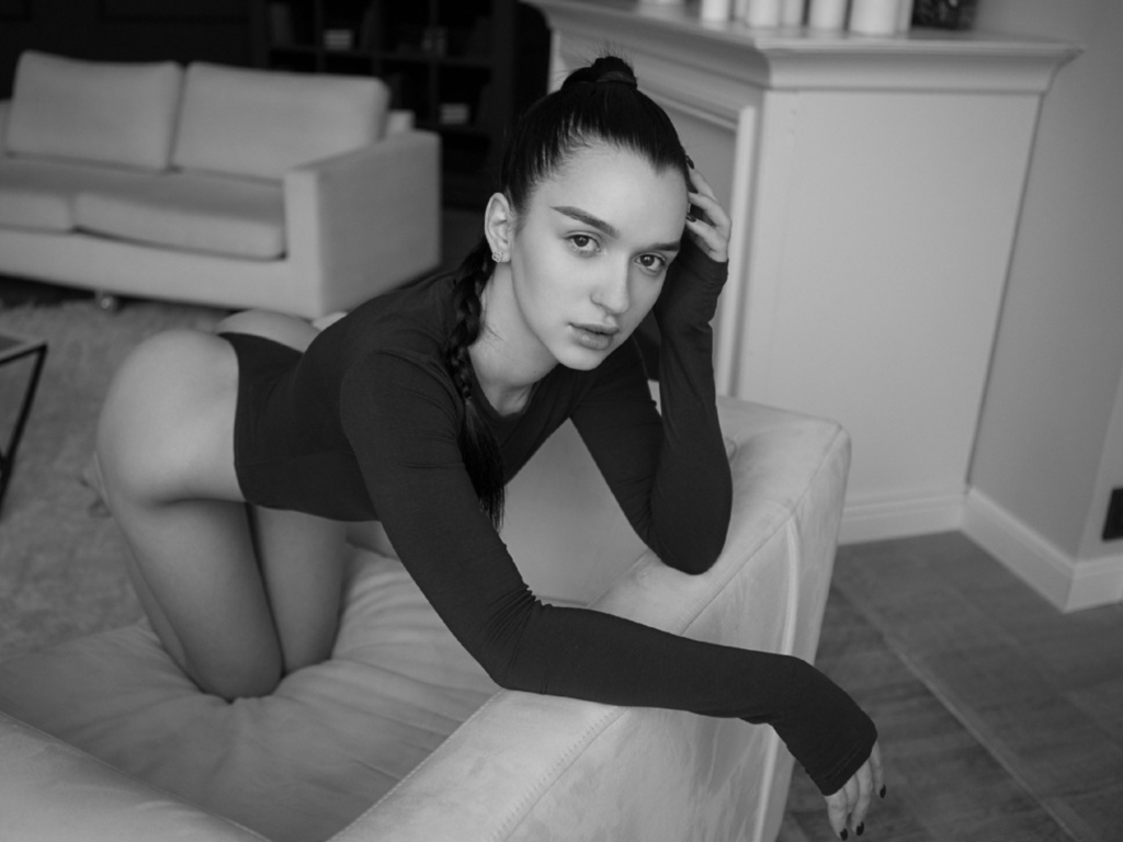 alex nemalevich, bent over, monochrome, model, living room, , couch, ass, women, , bodysuit, women indoors, hips